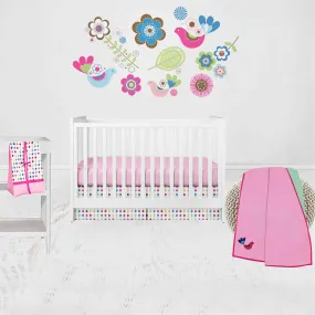 Bacati - Botanical Floral Birds 4-Piece Crib Bedding Set with Diaper Stacker - Pink/Multi Girls