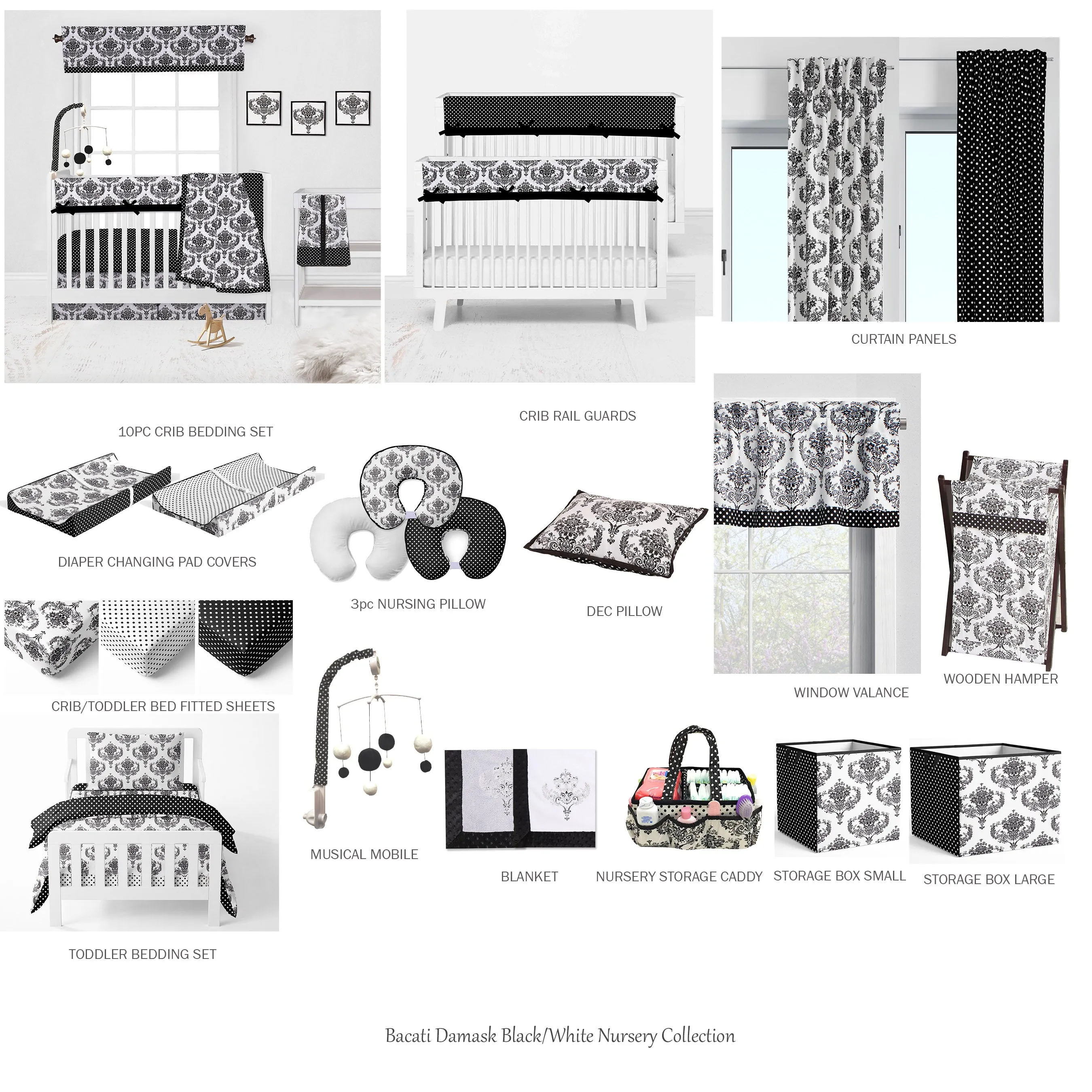 Bacati - Classic Damask 4-Piece Crib Bedding Set with Diaper Stacker - Black/Grey/White Unisex