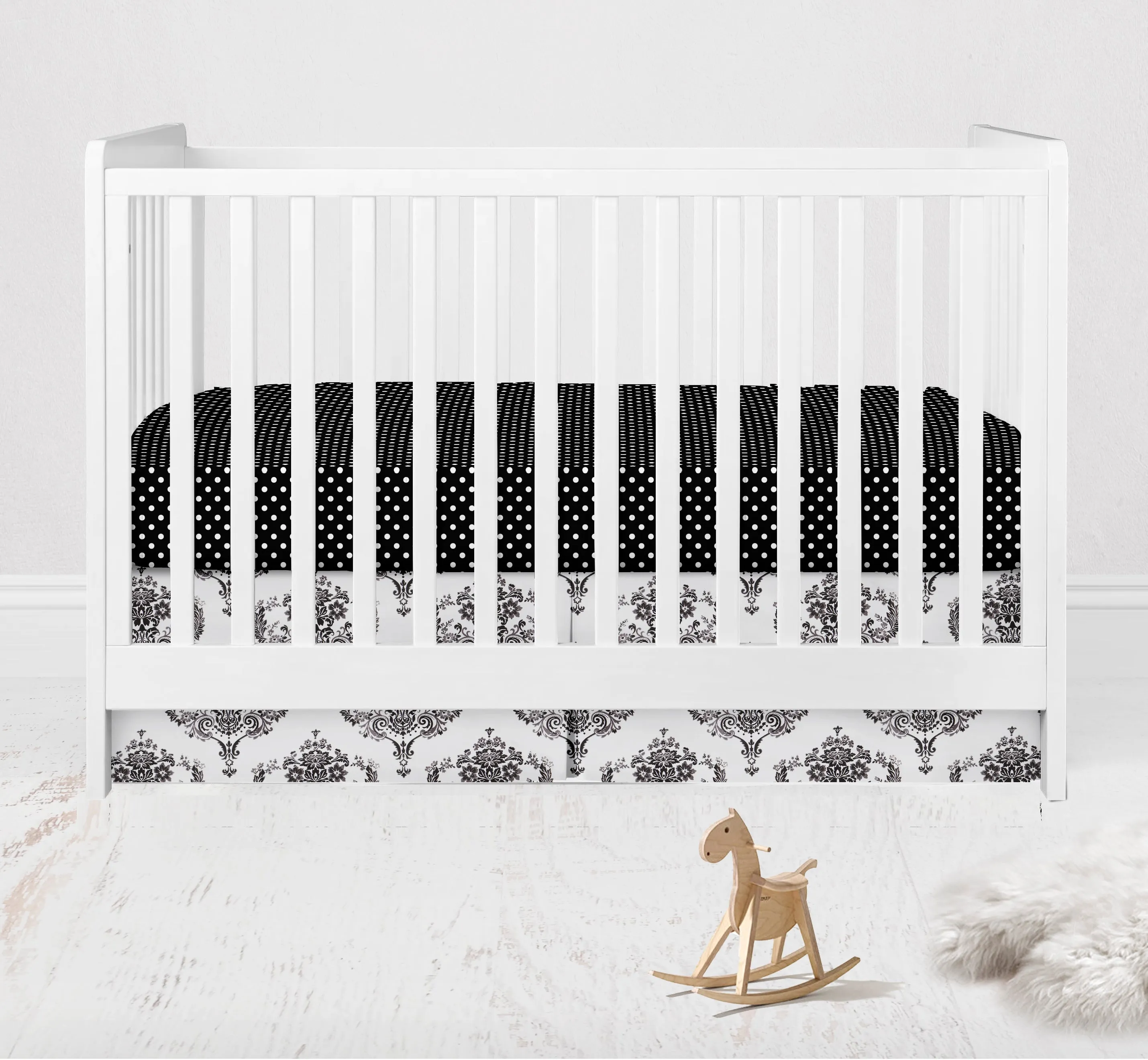 Bacati - Classic Damask 4-Piece Crib Bedding Set with Diaper Stacker - Black/Grey/White Unisex