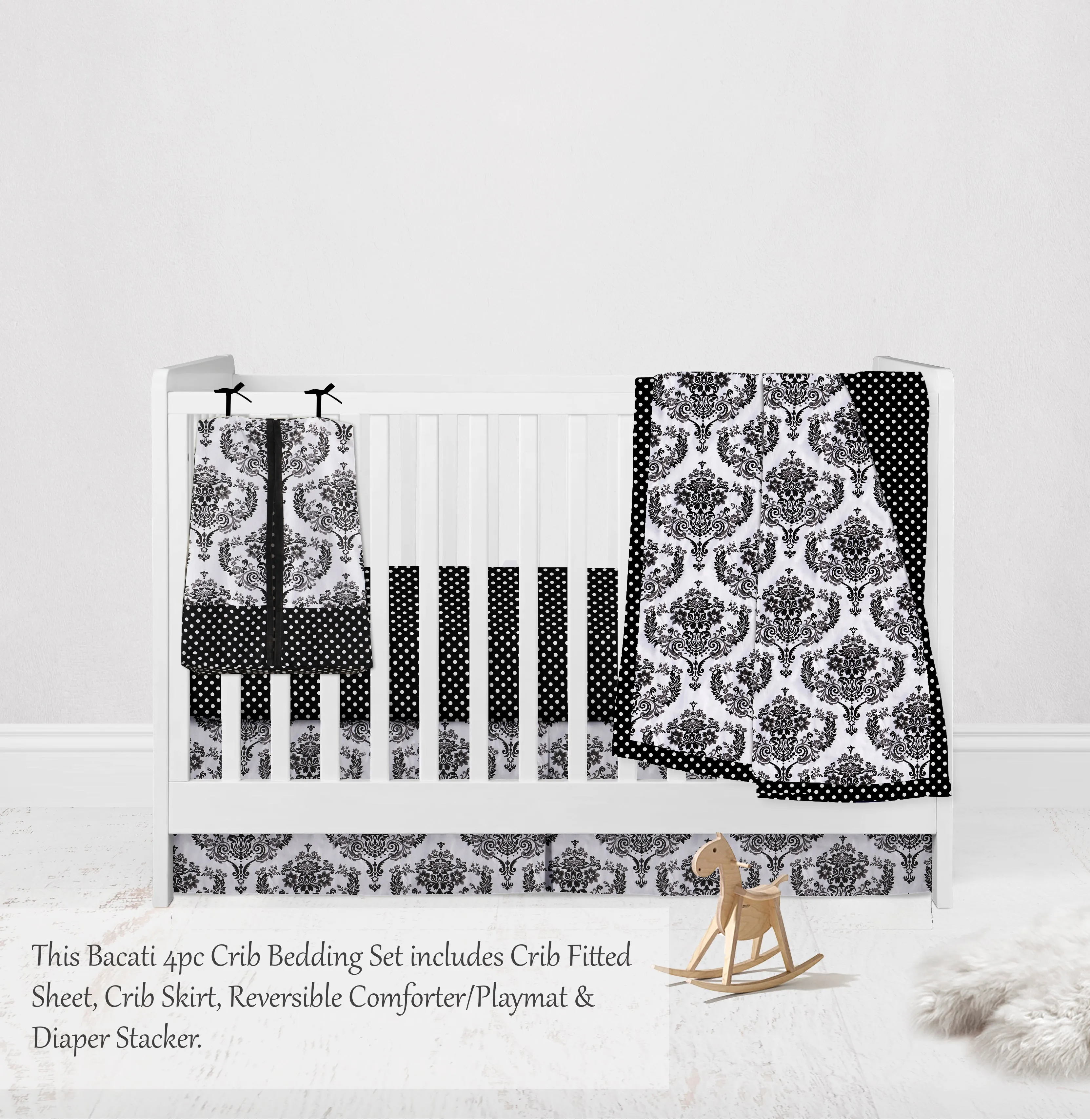 Bacati - Classic Damask 4-Piece Crib Bedding Set with Diaper Stacker - Black/Grey/White Unisex