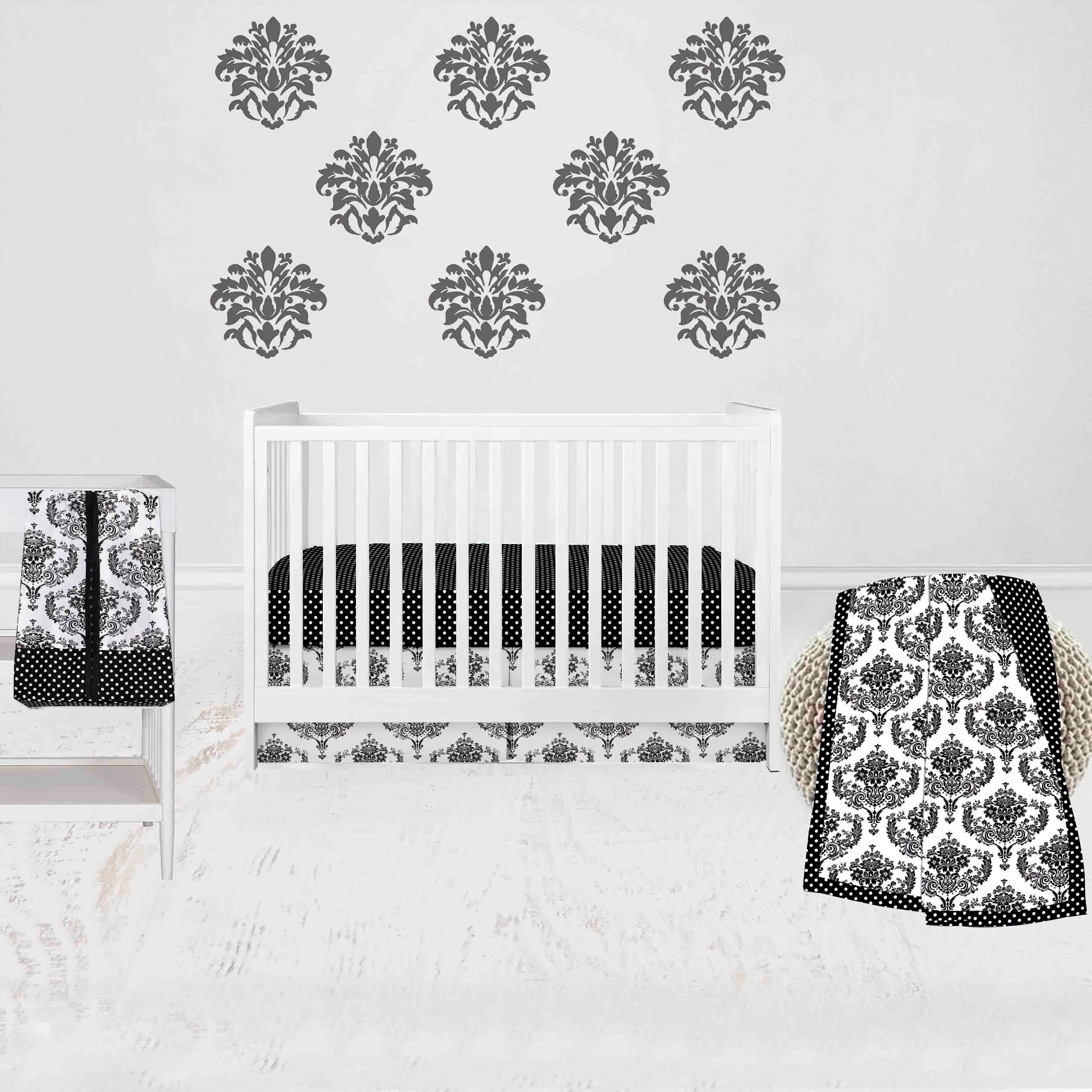 Bacati - Classic Damask 4-Piece Crib Bedding Set with Diaper Stacker - Black/Grey/White Unisex