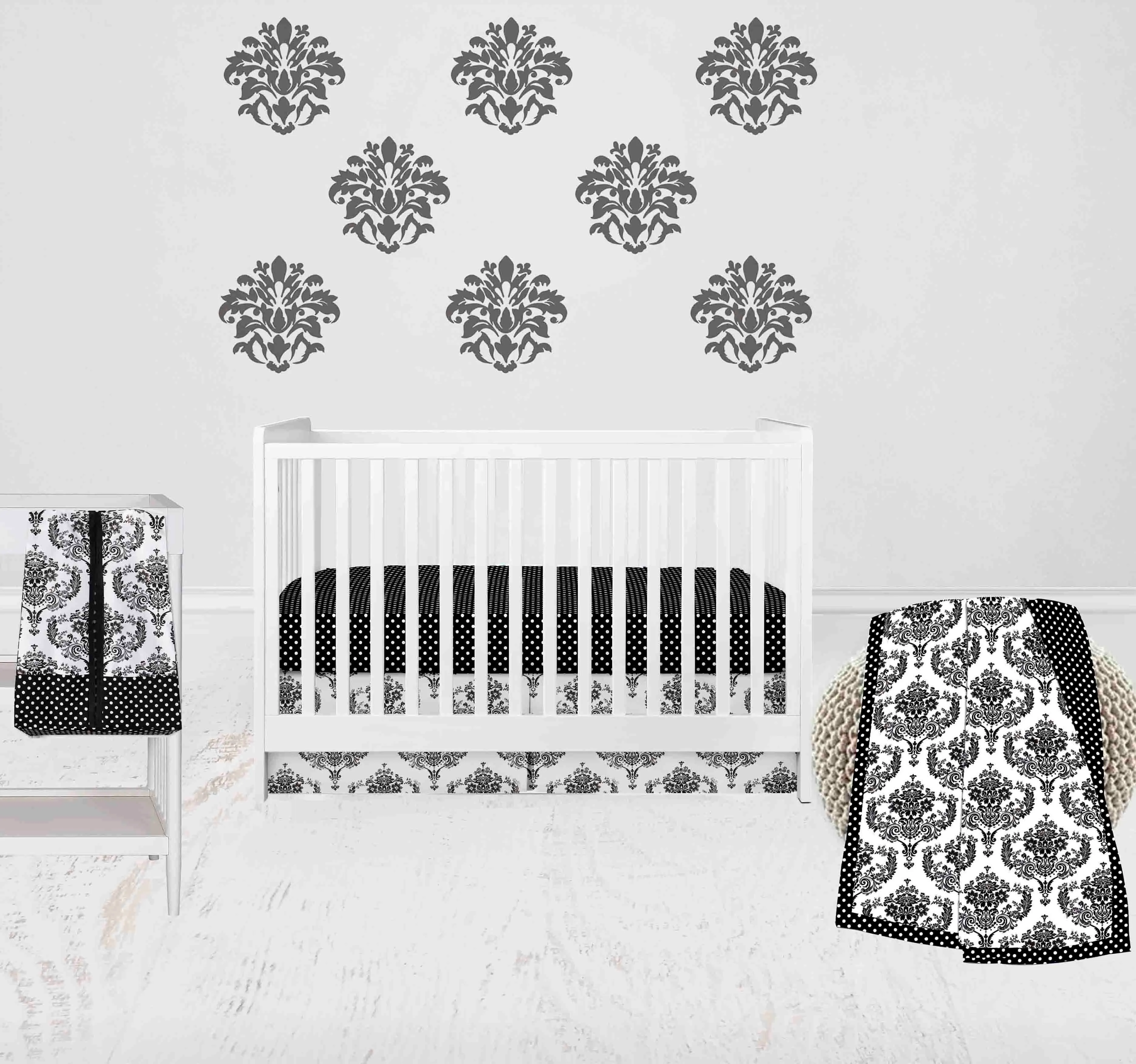 Bacati - Classic Damask 4-Piece Crib Bedding Set with Diaper Stacker - Black/Grey/White Unisex