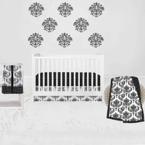 Bacati - Classic Damask 4-Piece Crib Bedding Set with Diaper Stacker - Black/Grey/White Unisex