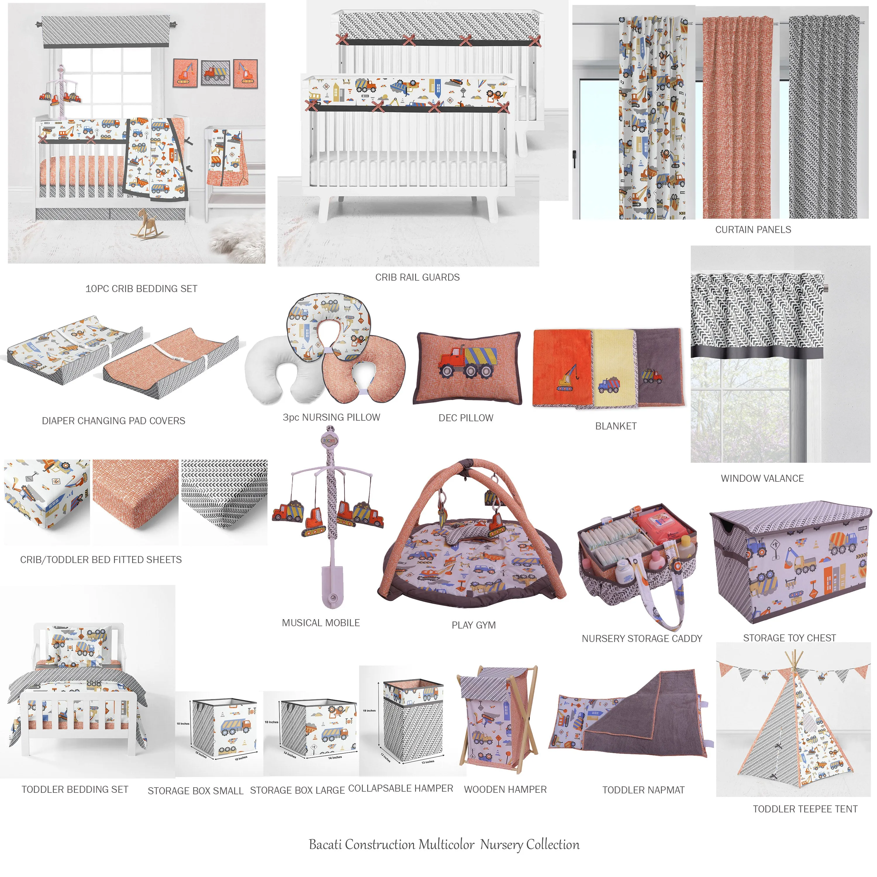 Bacati - Construction 3-Piece Crib Bedding Set - Yellow/Orange/Blue/Grey Boys