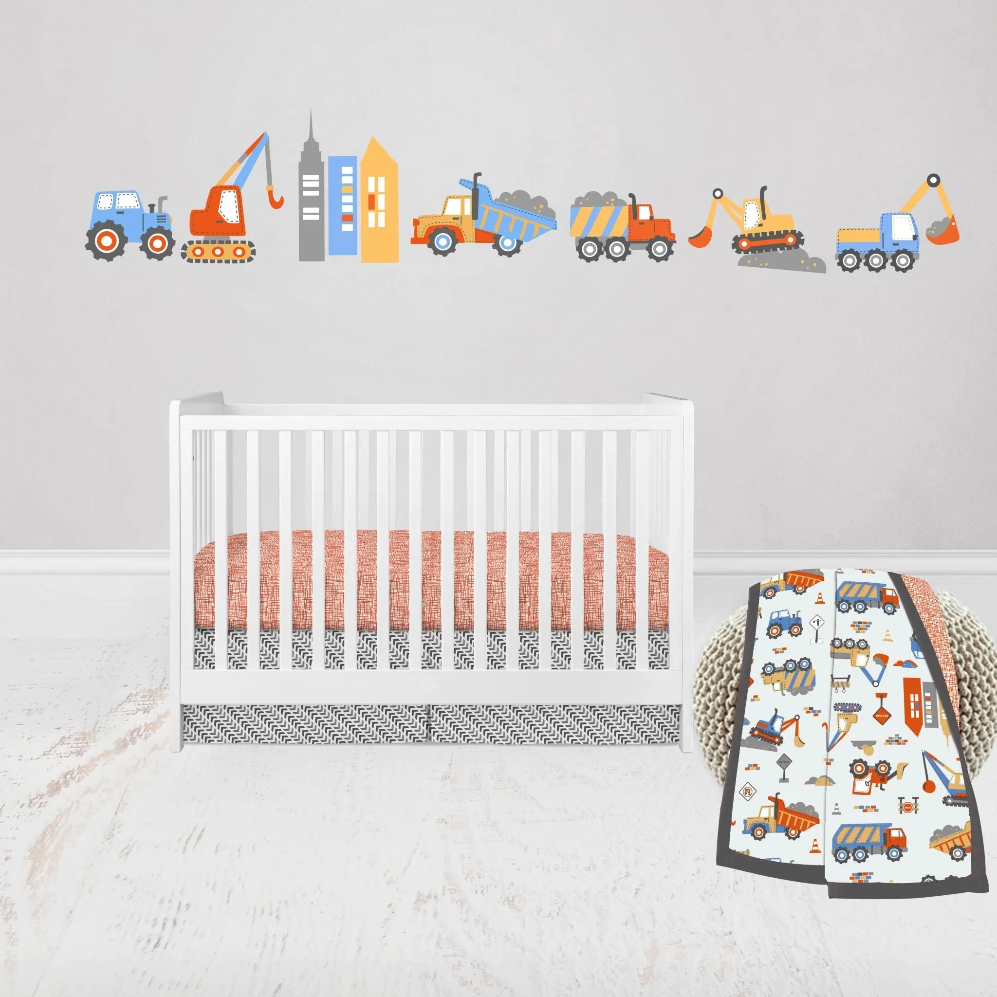 Bacati - Construction 3-Piece Crib Bedding Set - Yellow/Orange/Blue/Grey Boys