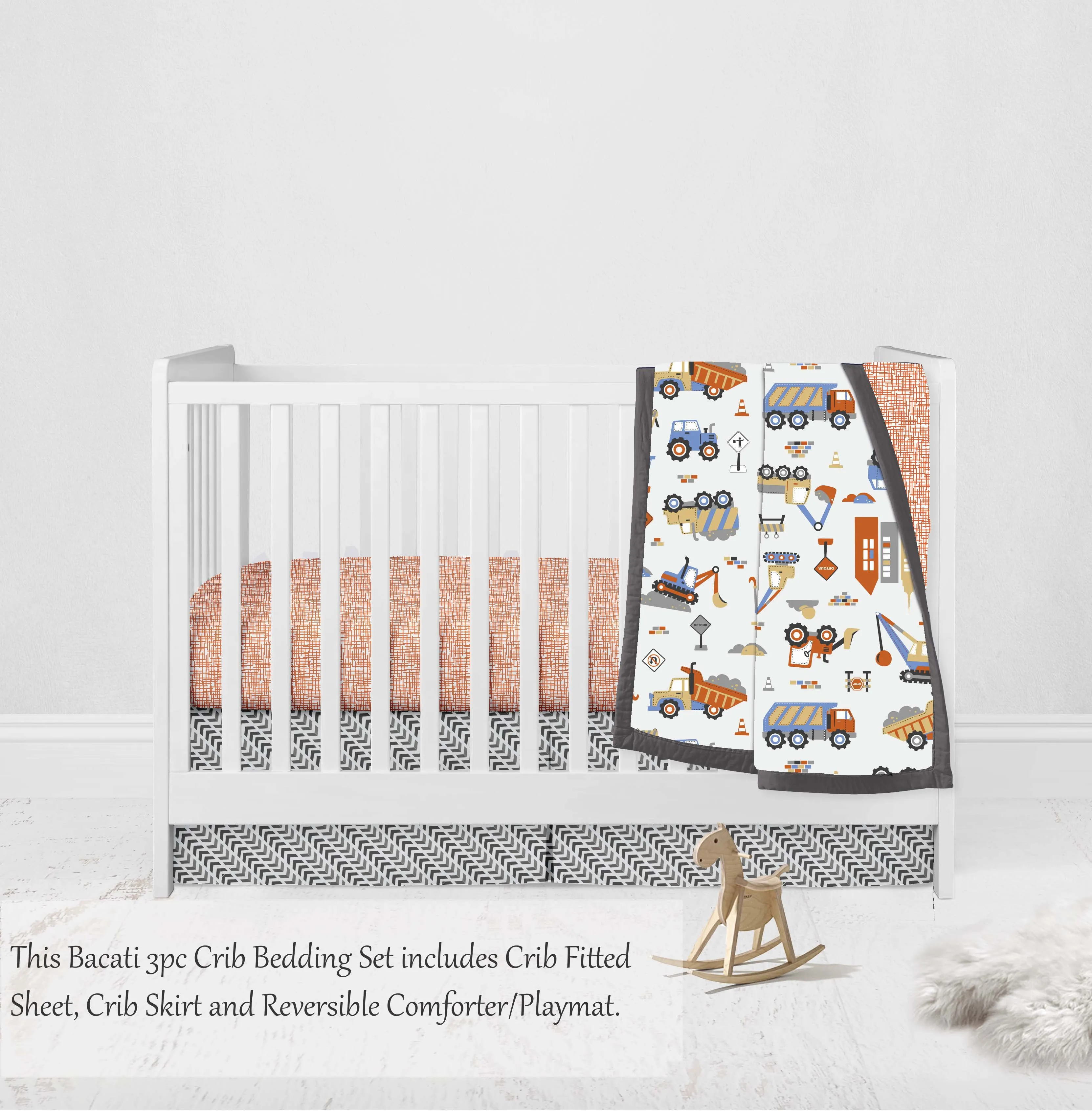 Bacati - Construction 3-Piece Crib Bedding Set - Yellow/Orange/Blue/Grey Boys