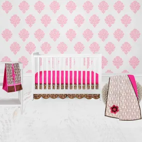 Bacati - Damask Floral 4-Piece Crib Bedding Set with Diaper Stacker - Pink/Chocolate Girls