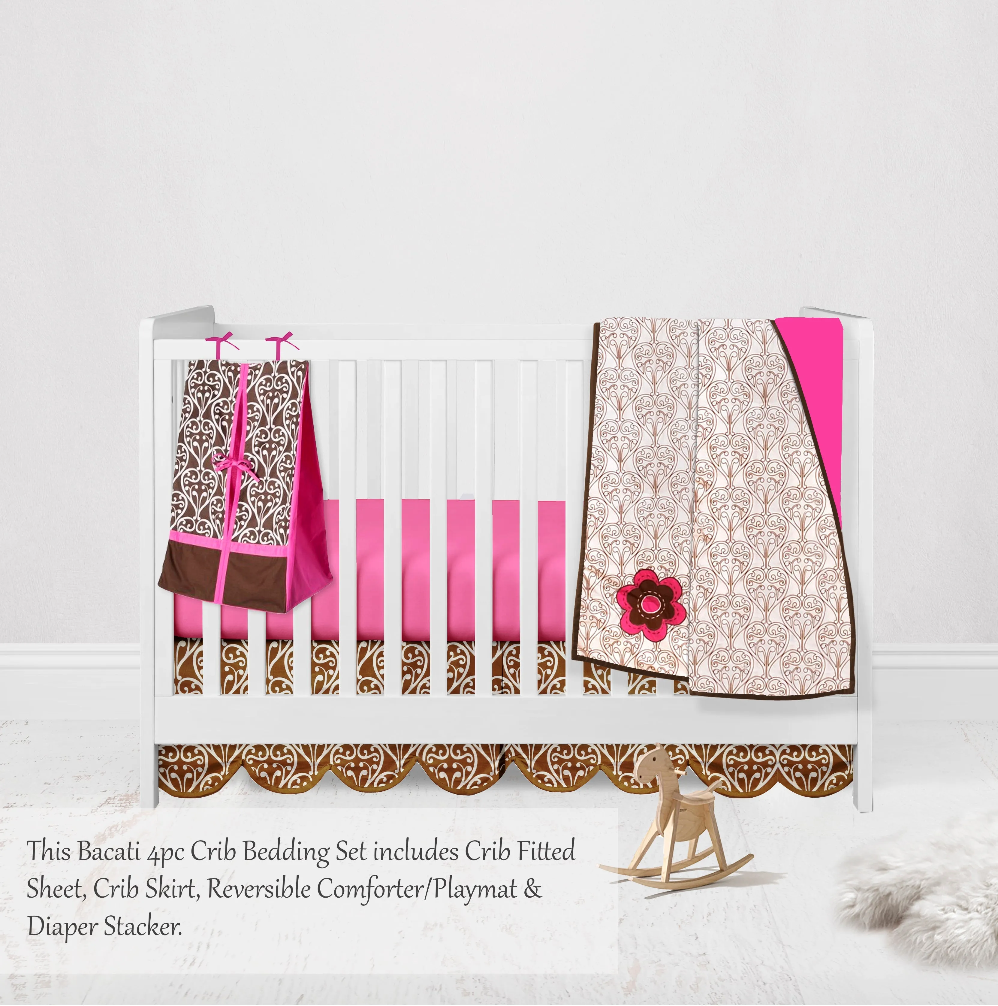 Bacati - Damask Floral 4-Piece Crib Bedding Set with Diaper Stacker - Pink/Chocolate Girls