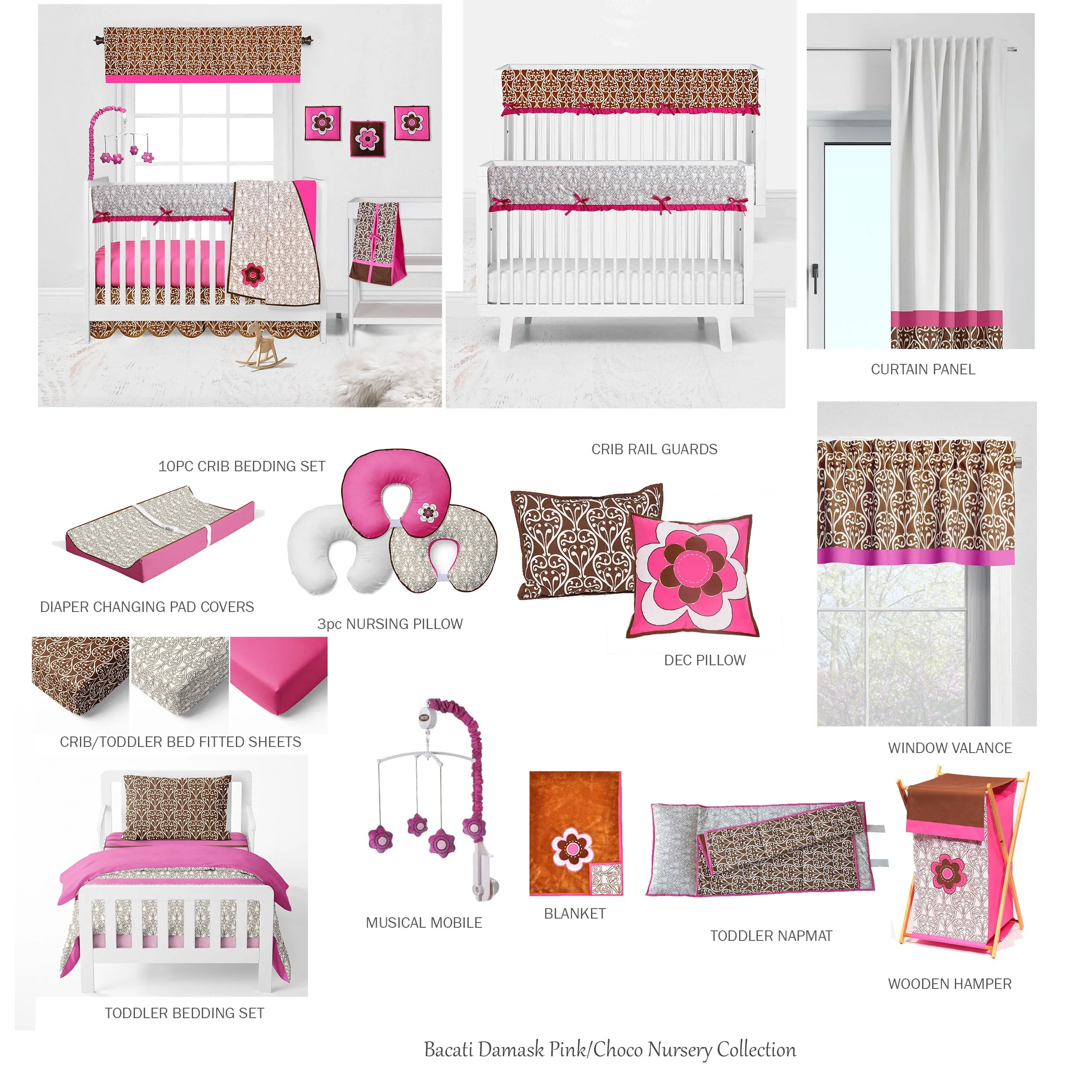 Bacati - Damask Floral 4-Piece Crib Bedding Set with Diaper Stacker - Pink/Chocolate Girls