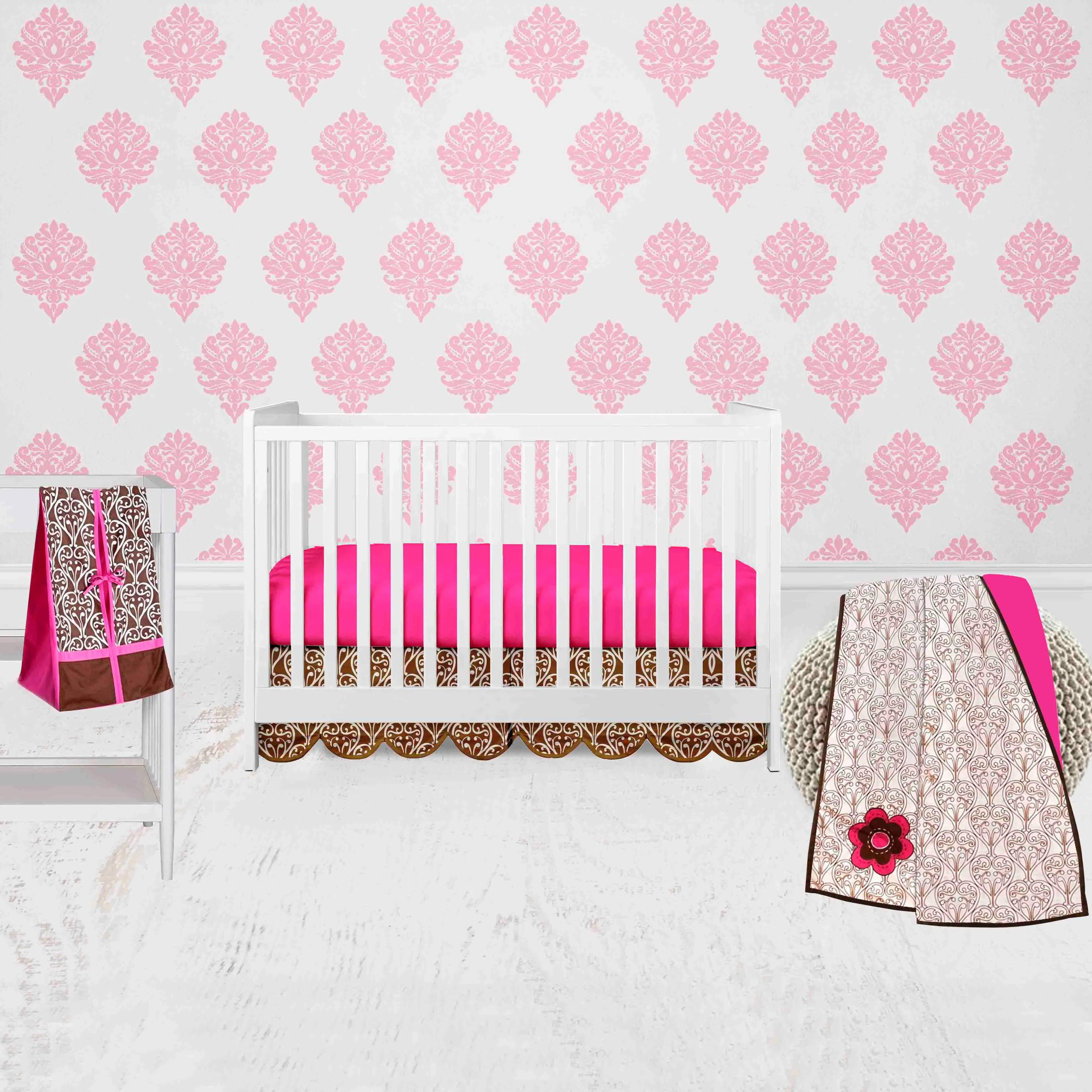 Bacati - Damask Floral 4-Piece Crib Bedding Set with Diaper Stacker - Pink/Chocolate Girls