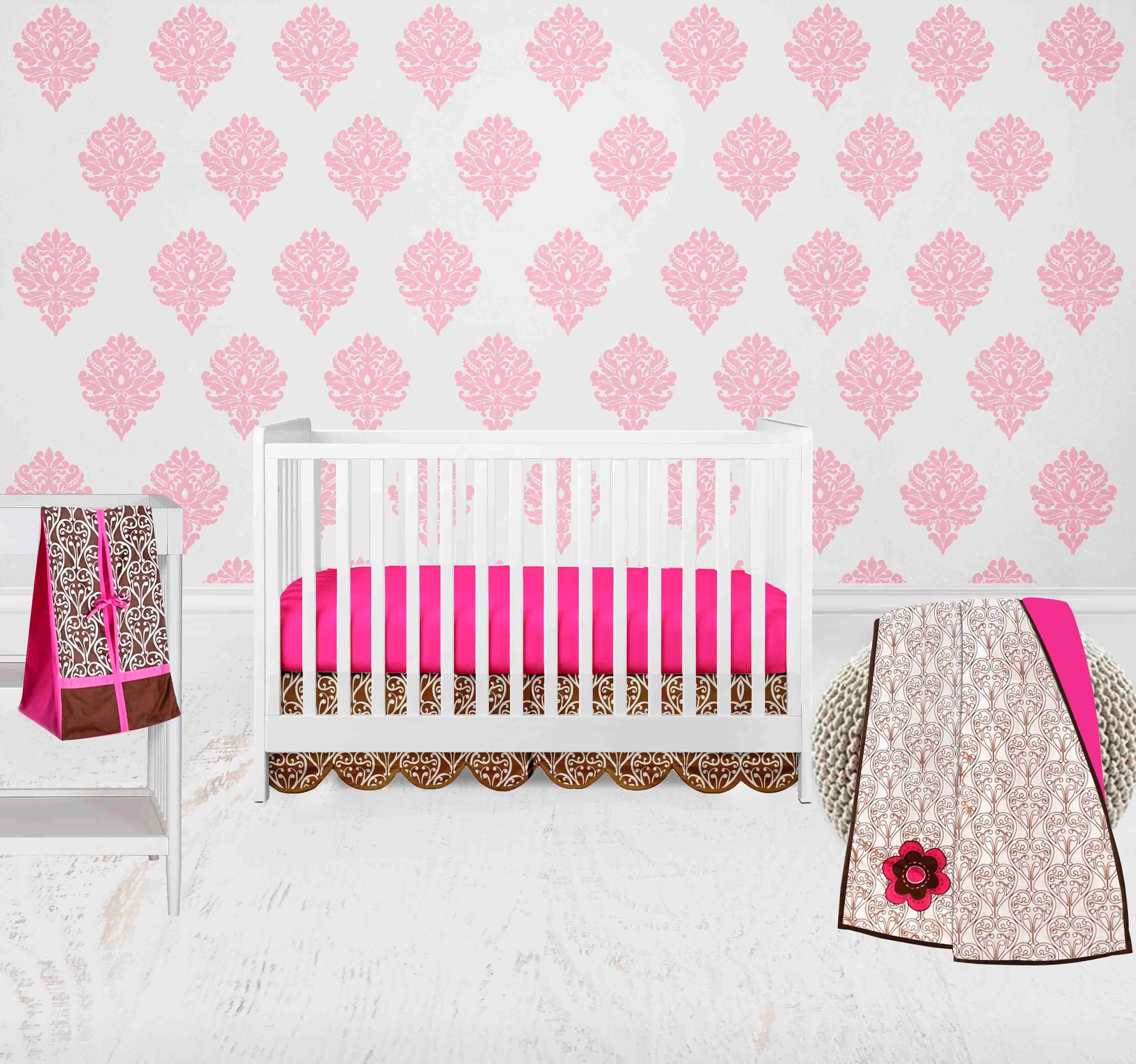 Bacati - Damask Floral 4-Piece Crib Bedding Set with Diaper Stacker - Pink/Chocolate Girls