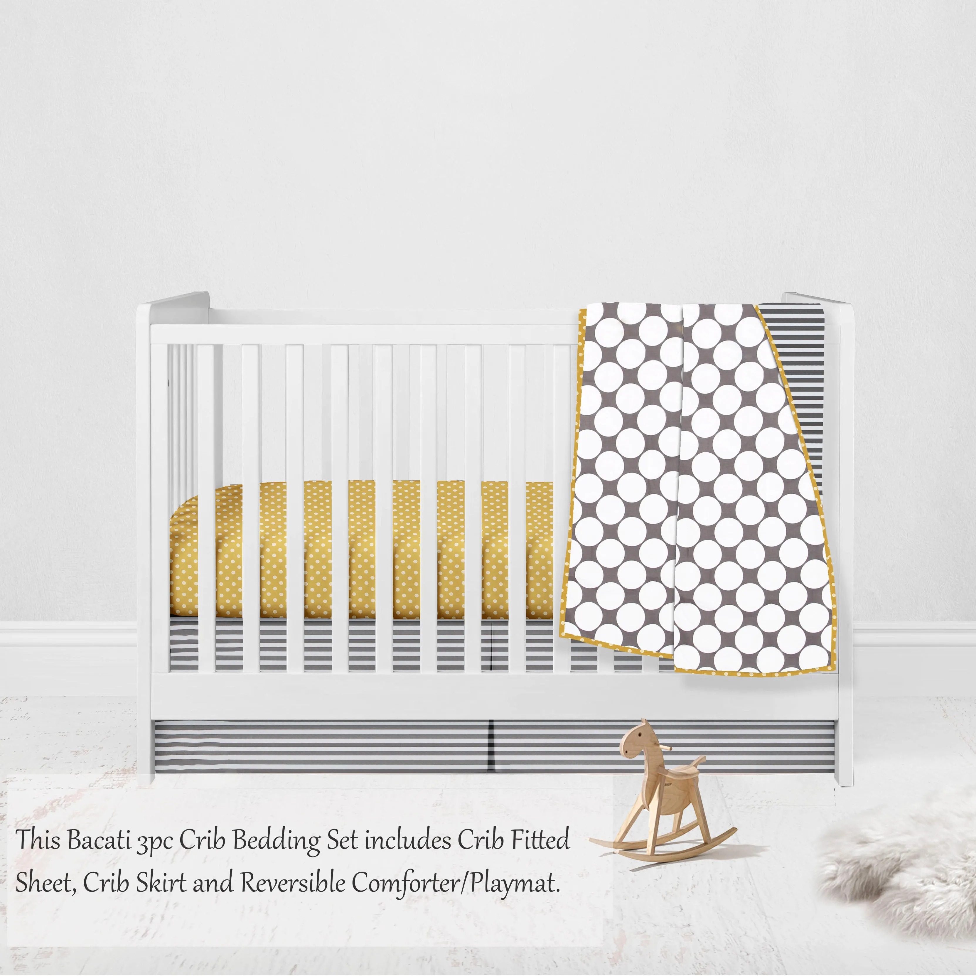 Bacati - Dots Pin Stripes 3-Piece Crib Bedding Set - Grey/Yellow Unisex
