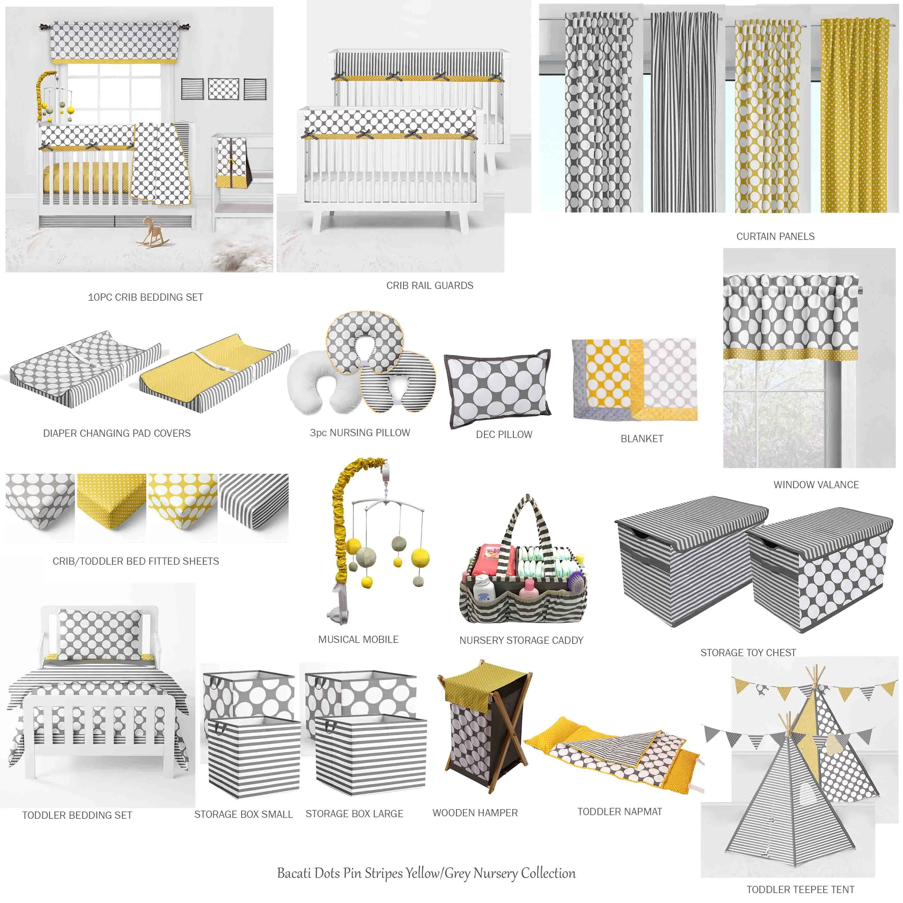 Bacati - Dots Pin Stripes 3-Piece Crib Bedding Set - Grey/Yellow Unisex