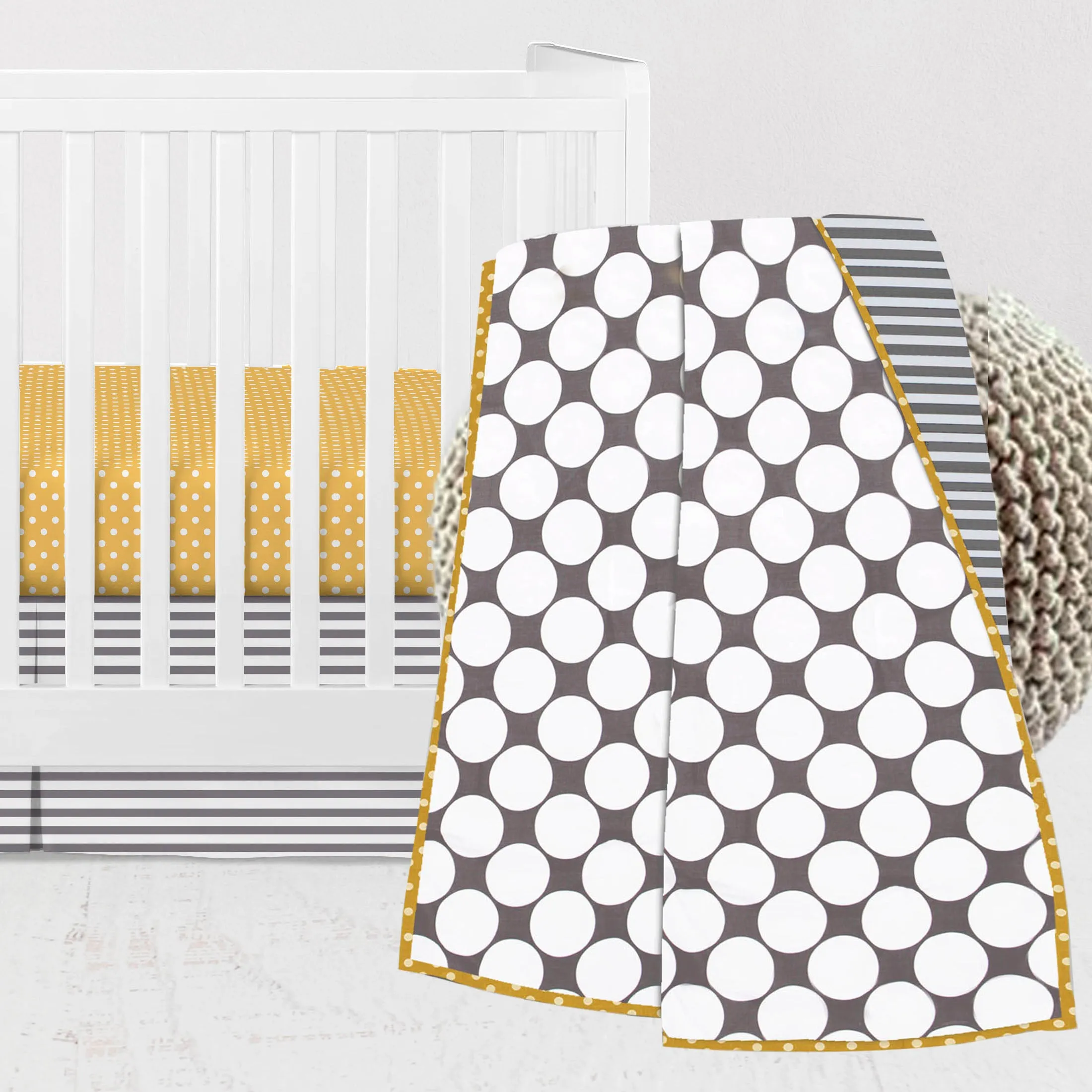 Bacati - Dots Pin Stripes 3-Piece Crib Bedding Set - Grey/Yellow Unisex
