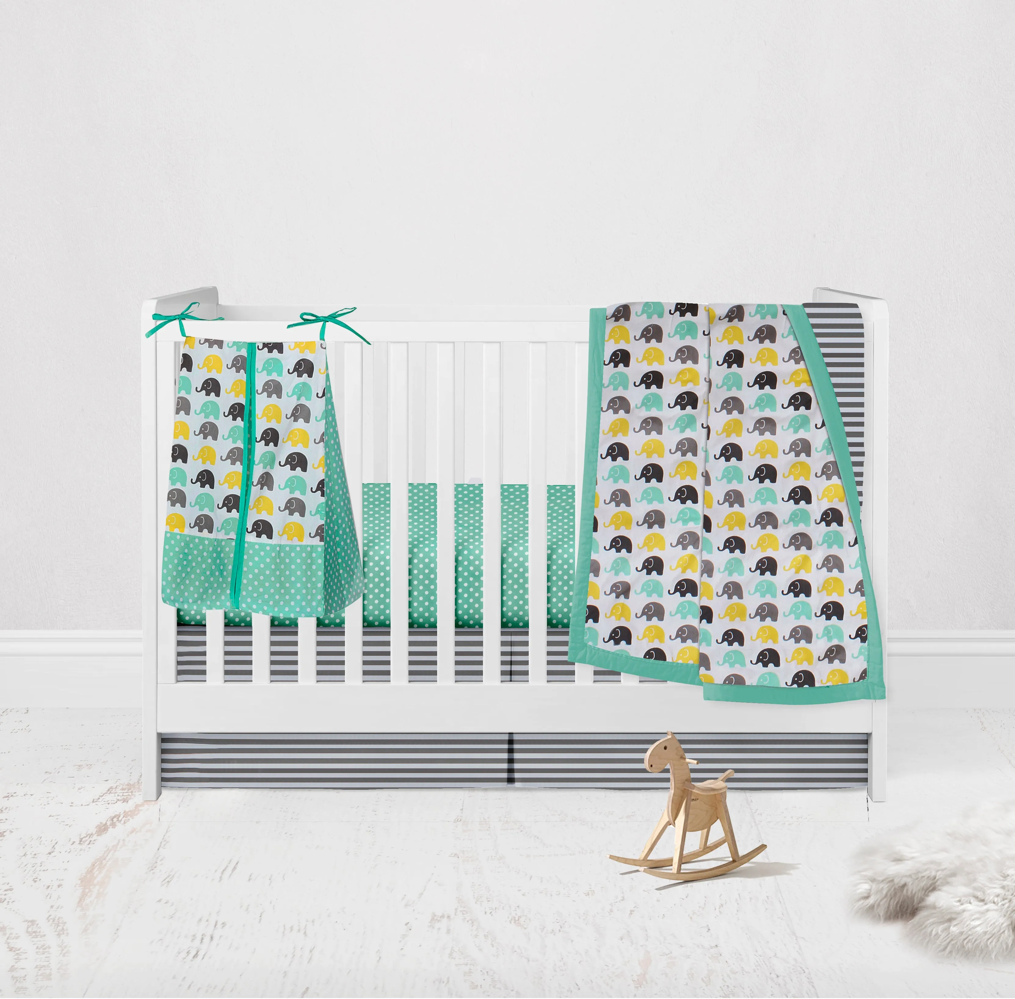 Bacati - Elephants 4-Piece Crib Bedding Set with Diaper Caddy - Mint/Yellow/Grey Unisex