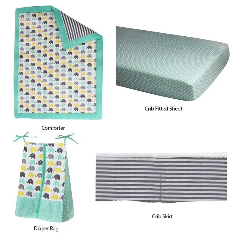 Bacati - Elephants 4-Piece Crib Bedding Set with Diaper Caddy - Mint/Yellow/Grey Unisex