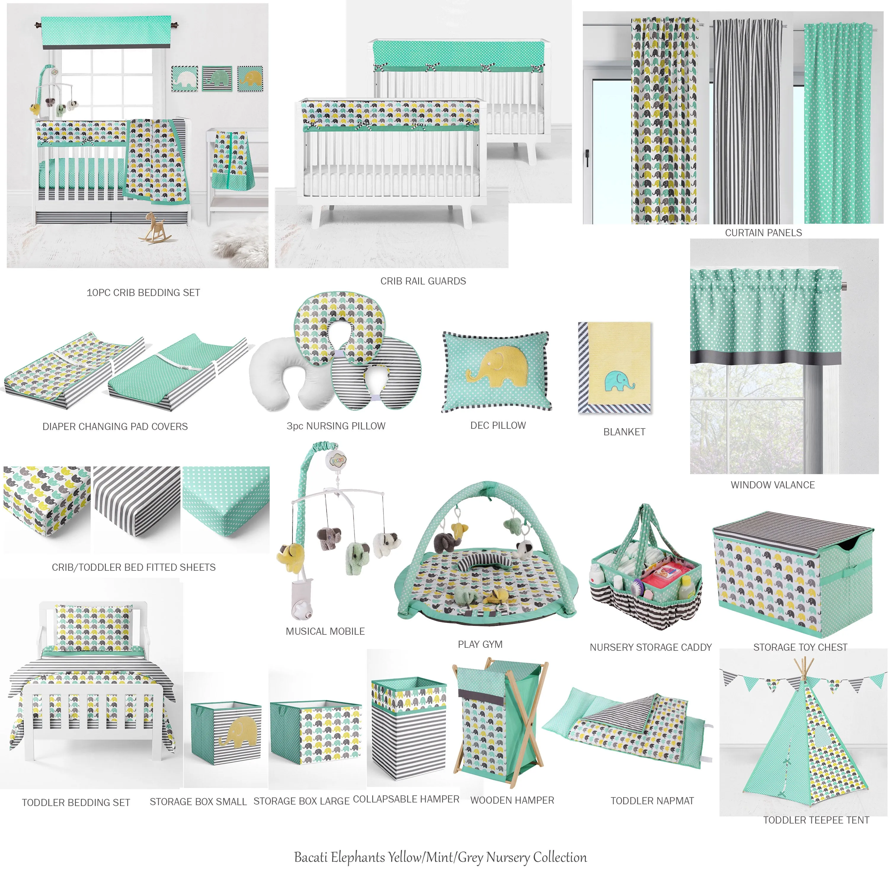 Bacati - Elephants 4-Piece Crib Bedding Set with Diaper Caddy - Mint/Yellow/Grey Unisex