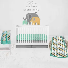 Bacati - Elephants 4-Piece Crib Bedding Set with Diaper Caddy - Mint/Yellow/Grey Unisex