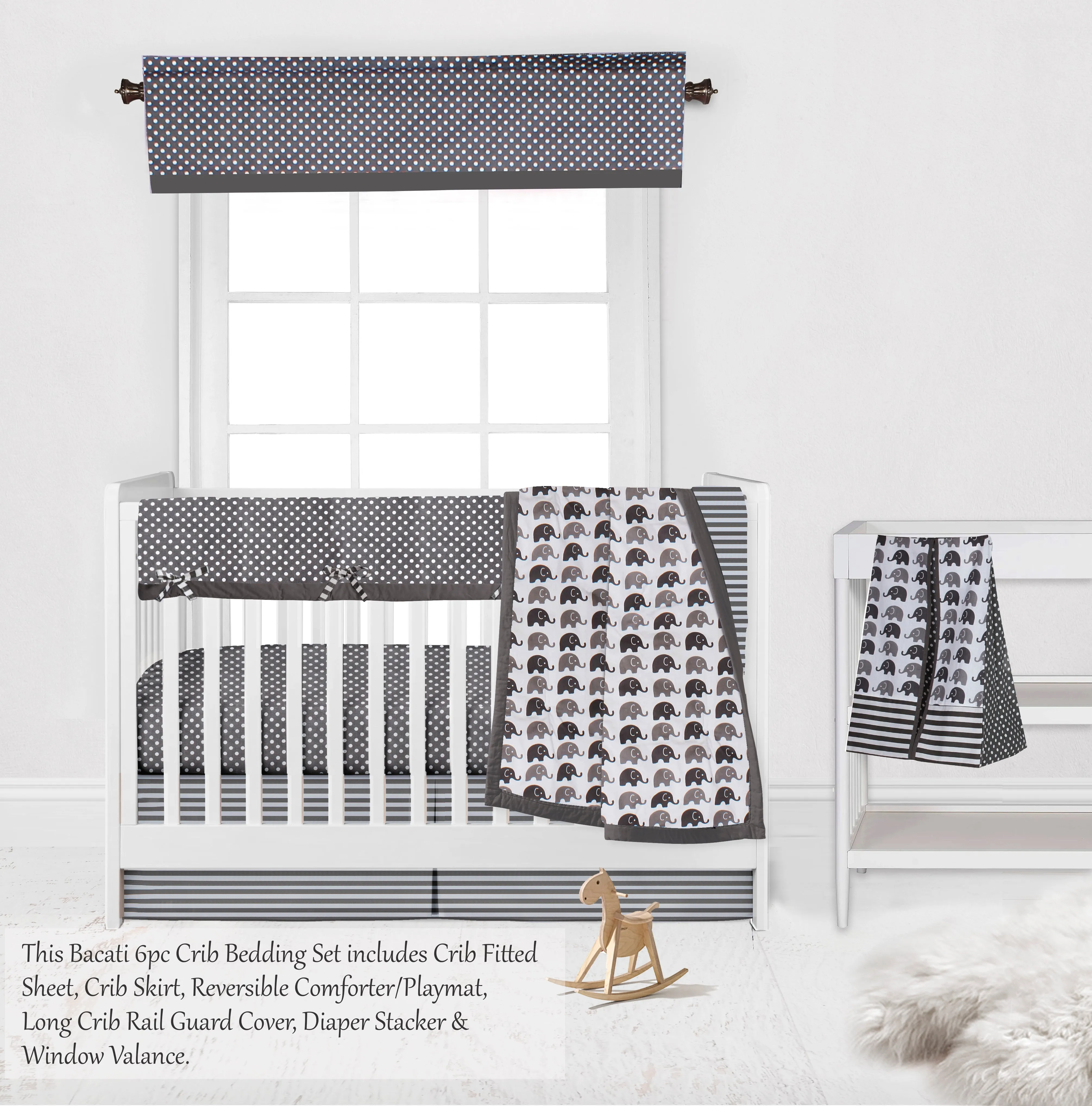 Bacati - Elephants 6-Piece Crib Bedding Set with Crib Rail Guard - White/Grey Unisex