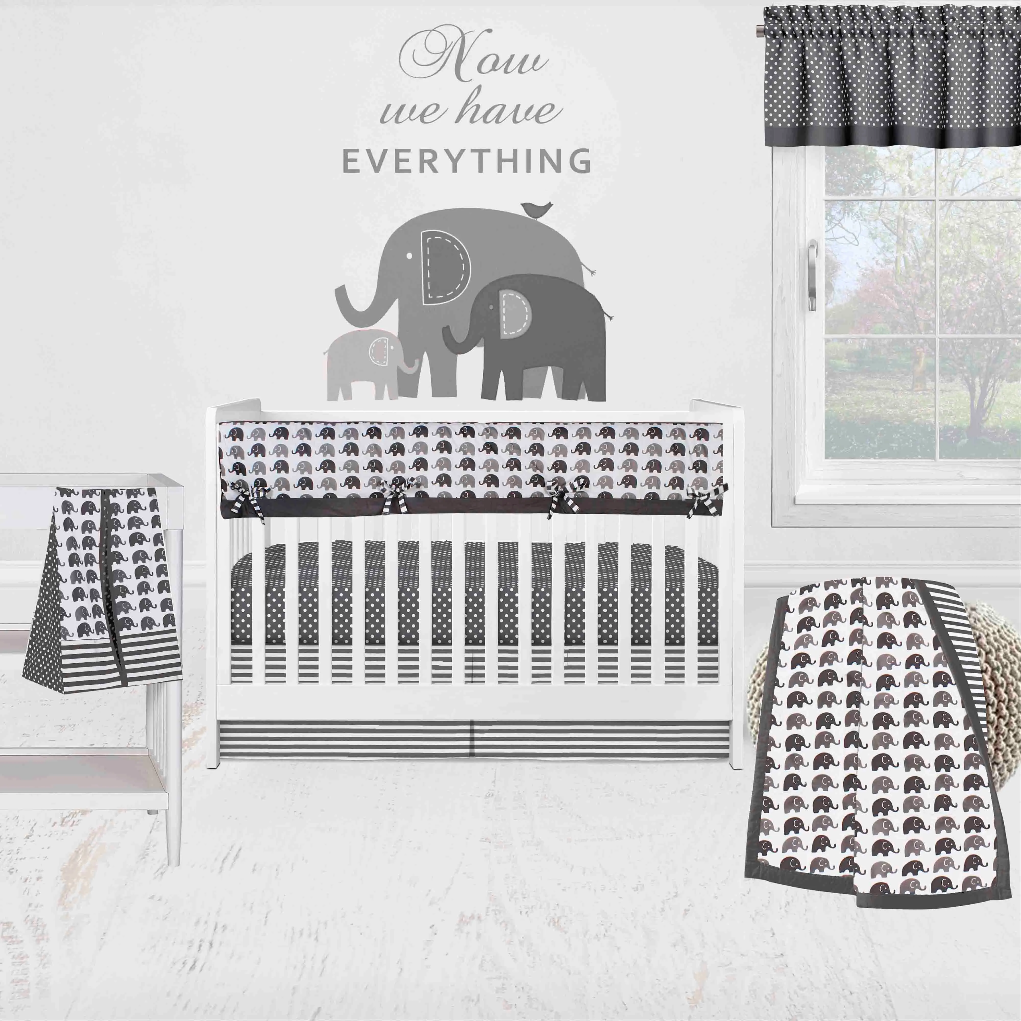 Bacati - Elephants 6-Piece Crib Bedding Set with Crib Rail Guard - White/Grey Unisex