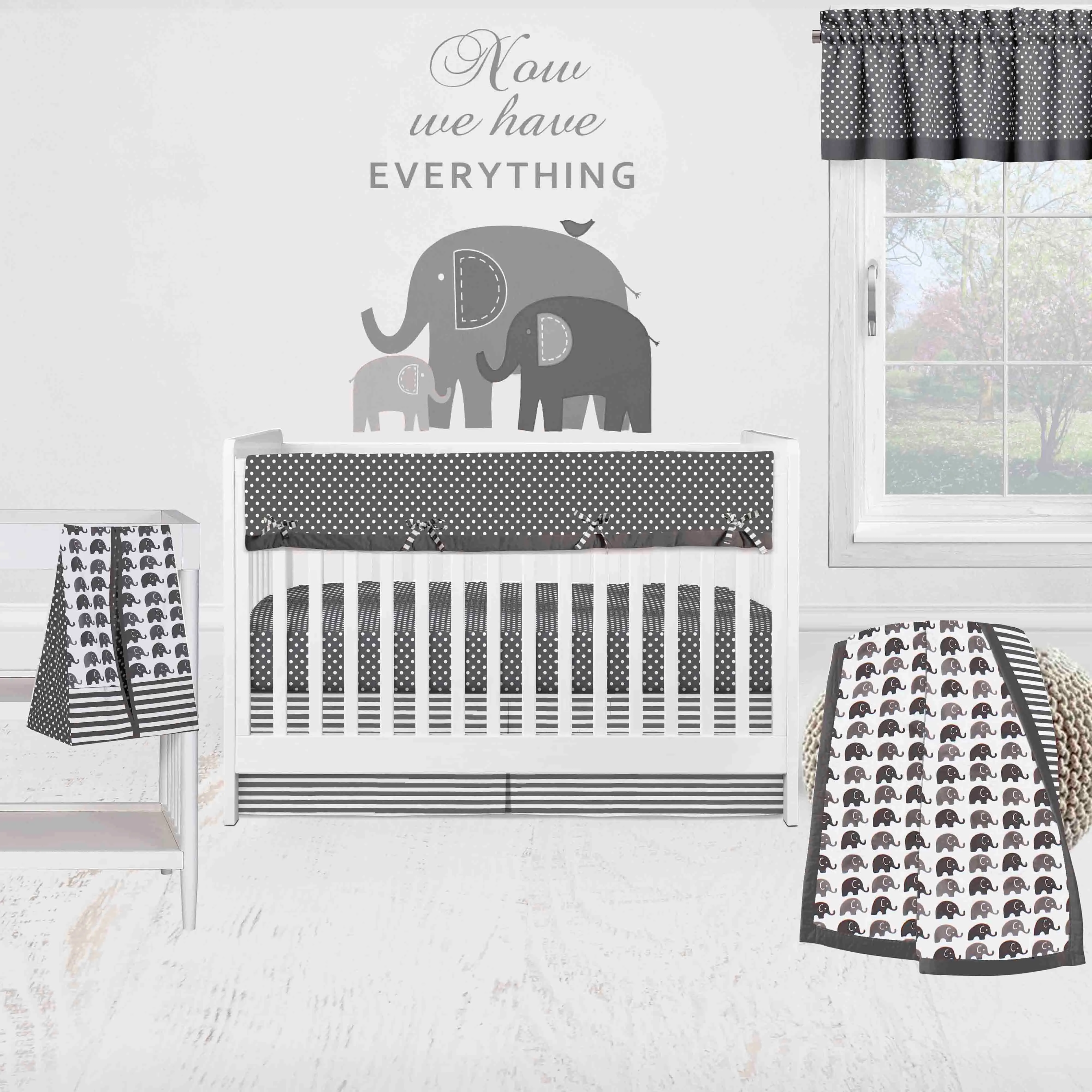Bacati - Elephants 6-Piece Crib Bedding Set with Crib Rail Guard - White/Grey Unisex