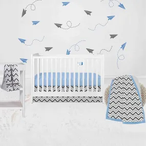Bacati - Ikat Chevron Dots Blue Gray 4-Piece Crib Bedding Set with Diaper Stacker - Blue/Gray Boys