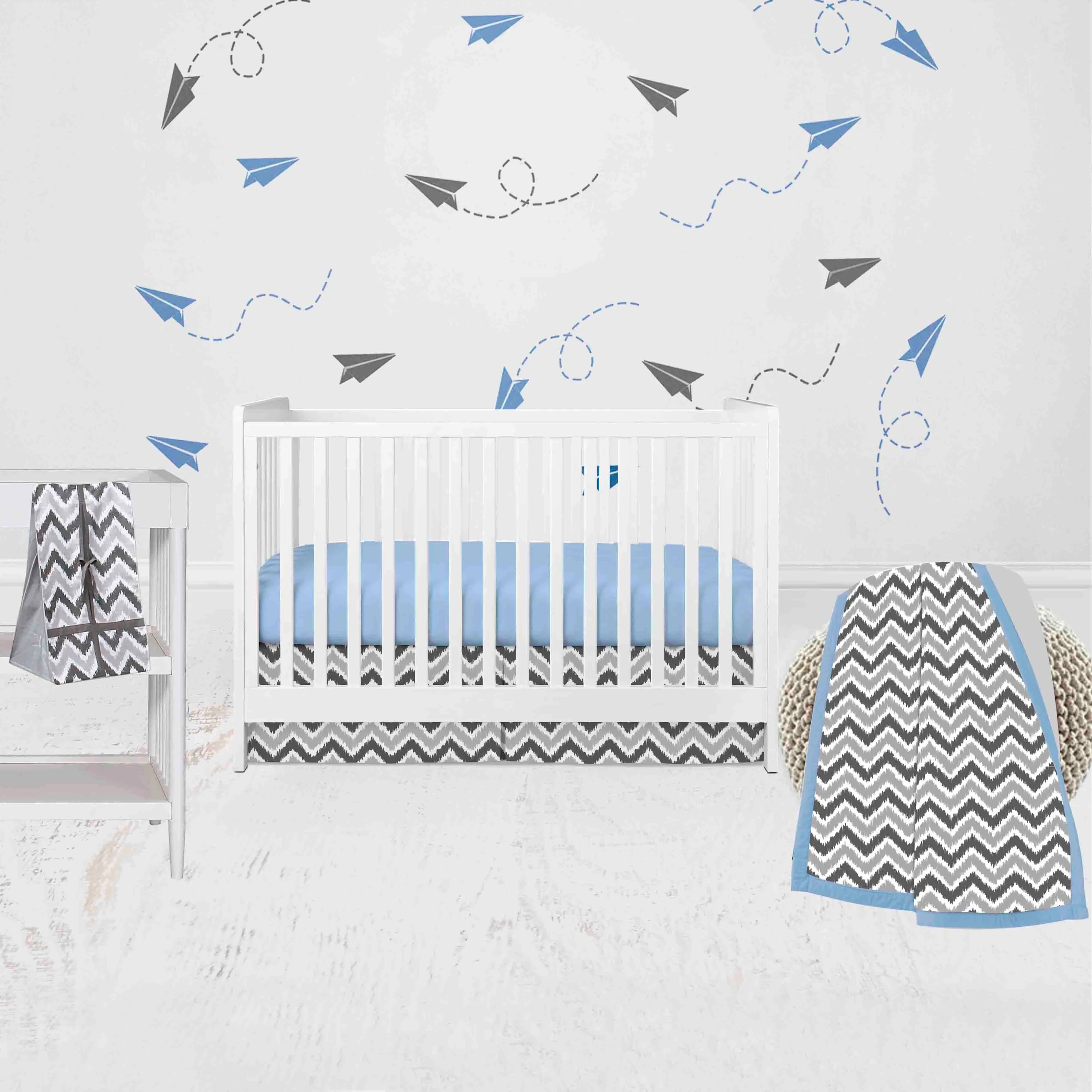 Bacati - Ikat Chevron Dots Blue Gray 4-Piece Crib Bedding Set with Diaper Stacker - Blue/Gray Boys