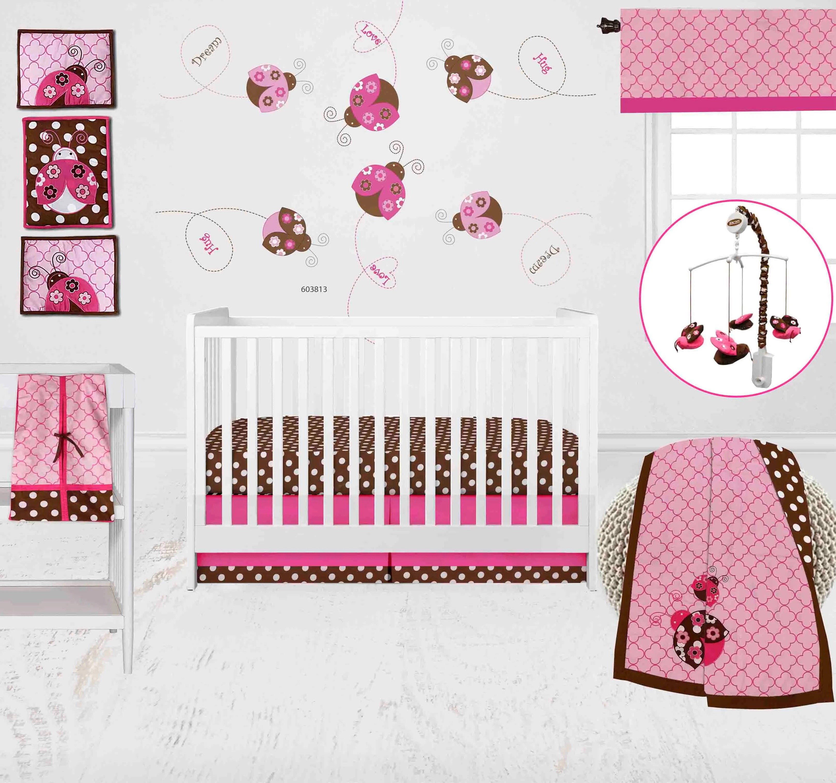 Bacati - Ladybugs 10-Piece Crib Bedding Set with Two Crib Sheets - Pink/Chocolate Girls