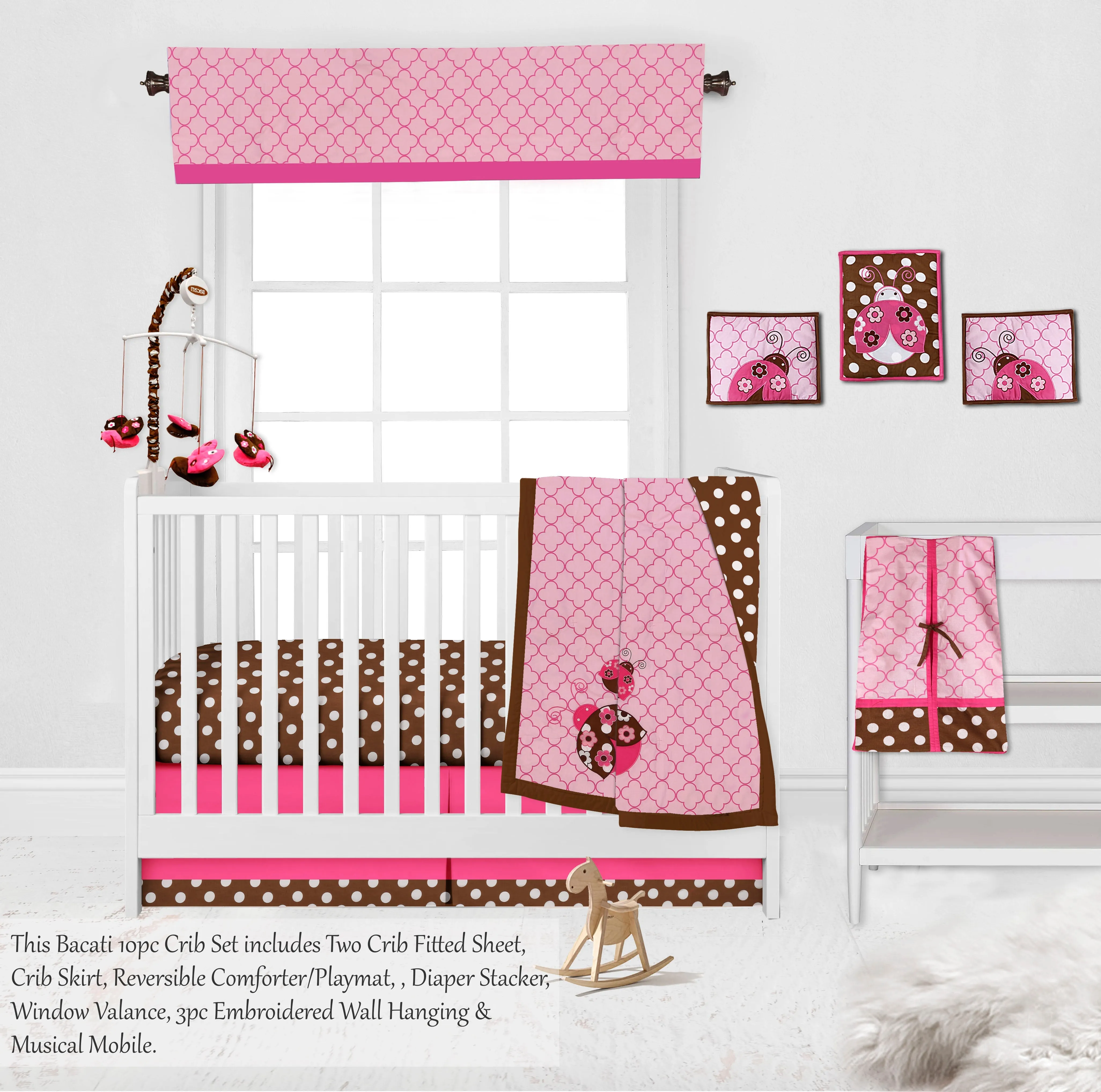 Bacati - Ladybugs 10-Piece Crib Bedding Set with Two Crib Sheets - Pink/Chocolate Girls