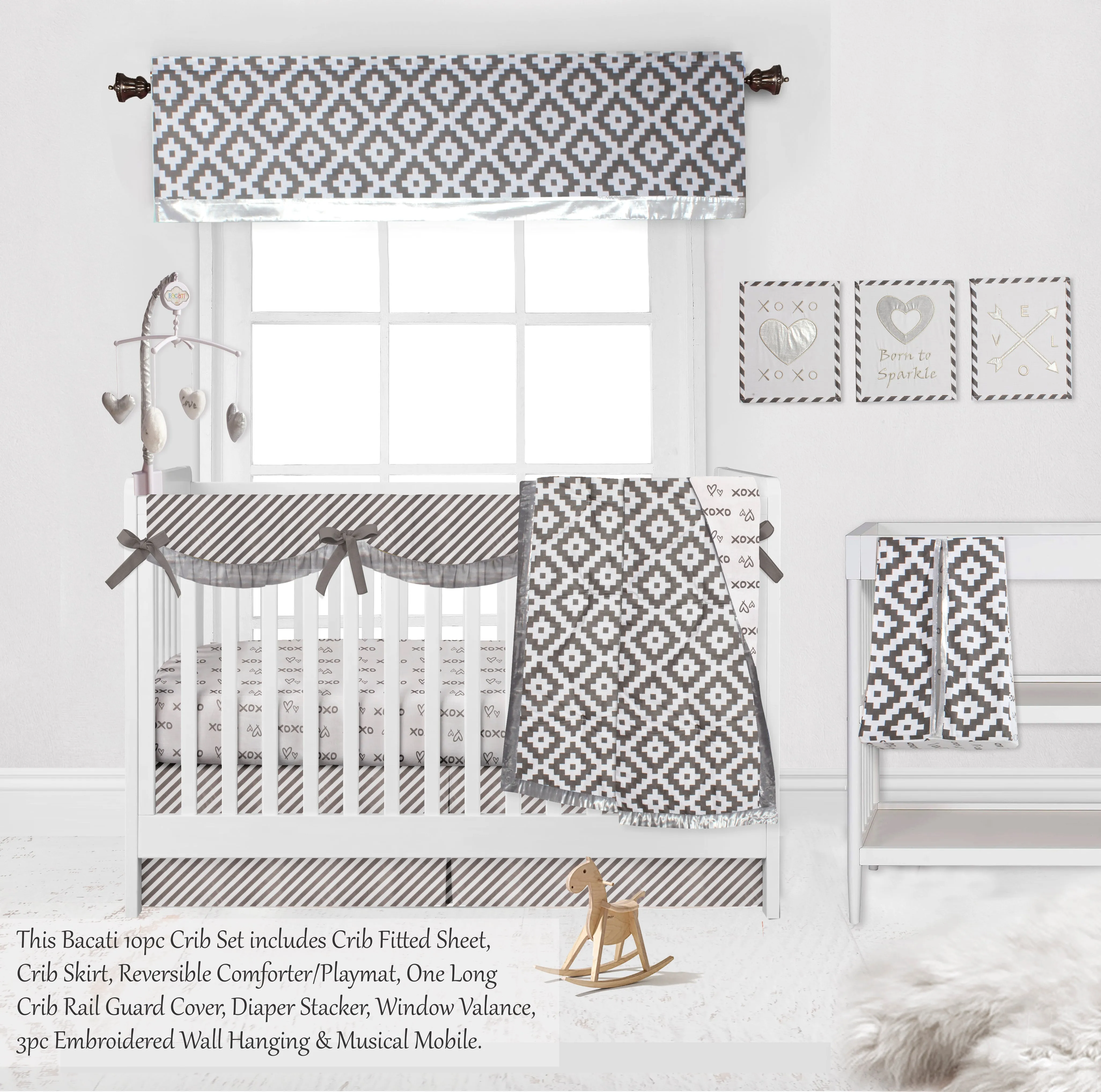 Bacati - Love Aztec 10-Piece Crib Bedding Set with Crib Rail Guard - Grey/Silver Unisex