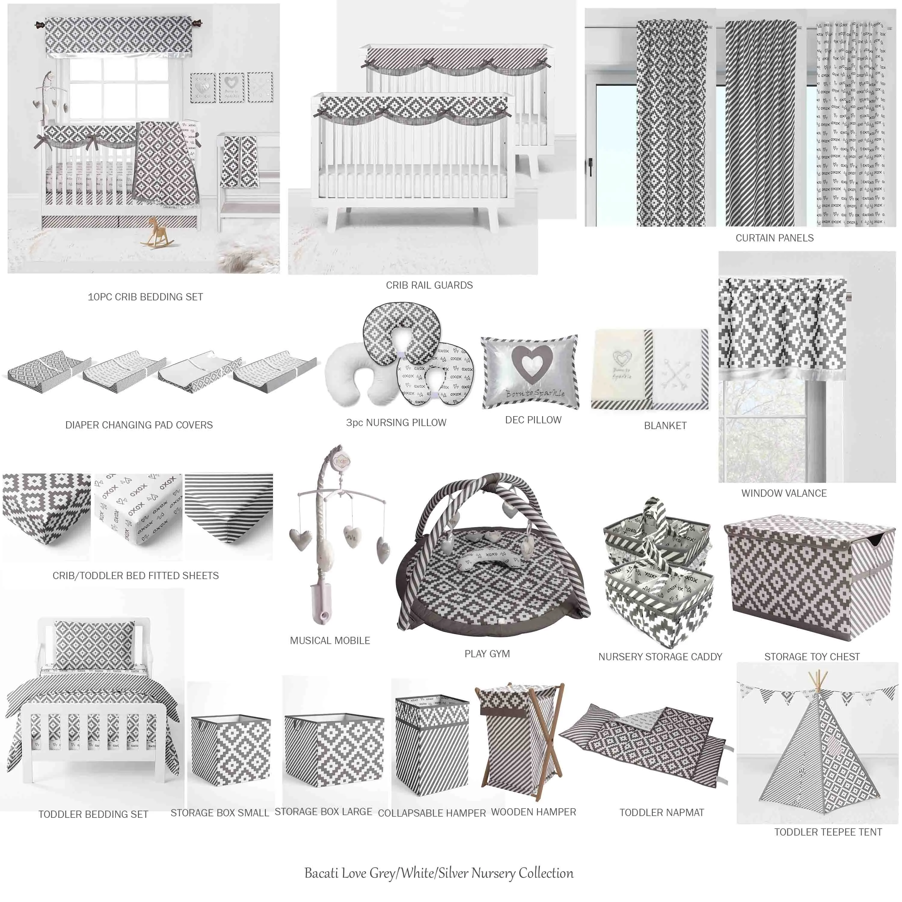 Bacati - Love Aztec 10-Piece Crib Bedding Set with Crib Rail Guard - Grey/Silver Unisex
