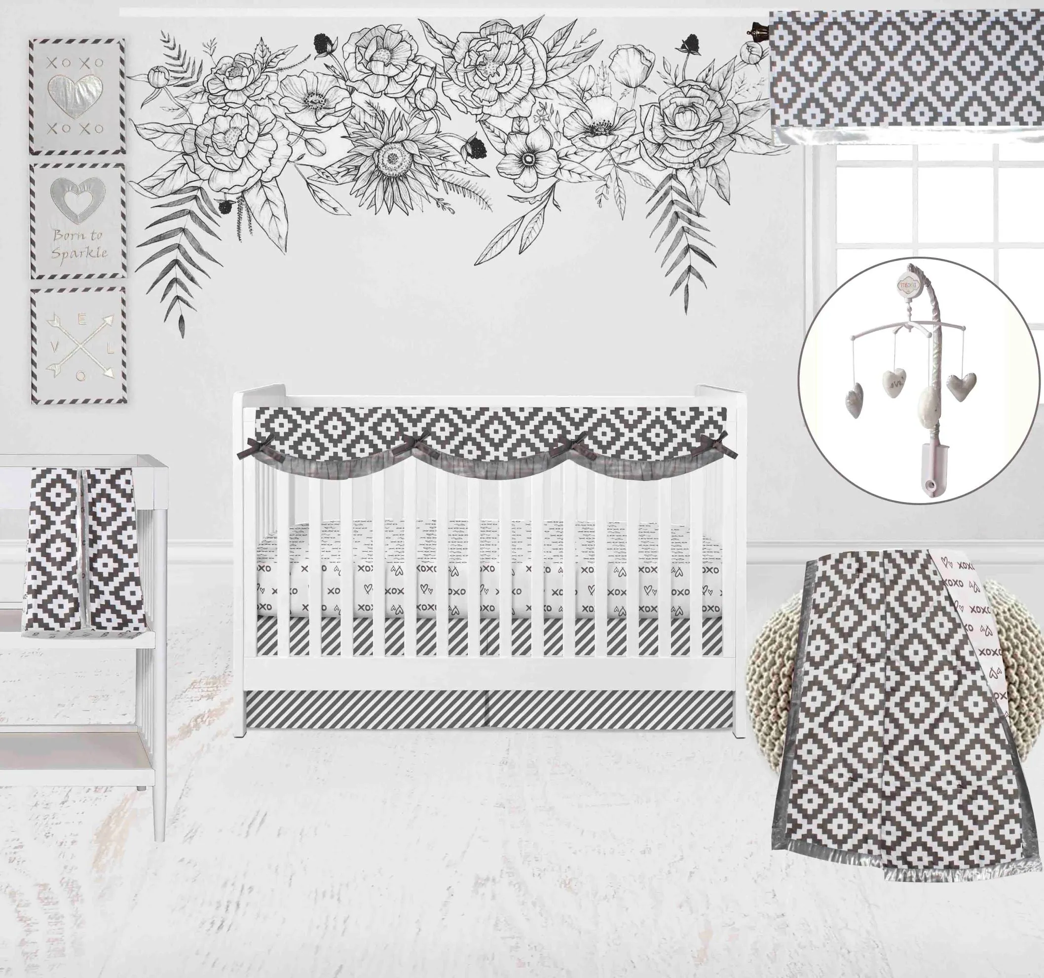 Bacati - Love Aztec 10-Piece Crib Bedding Set with Crib Rail Guard - Grey/Silver Unisex