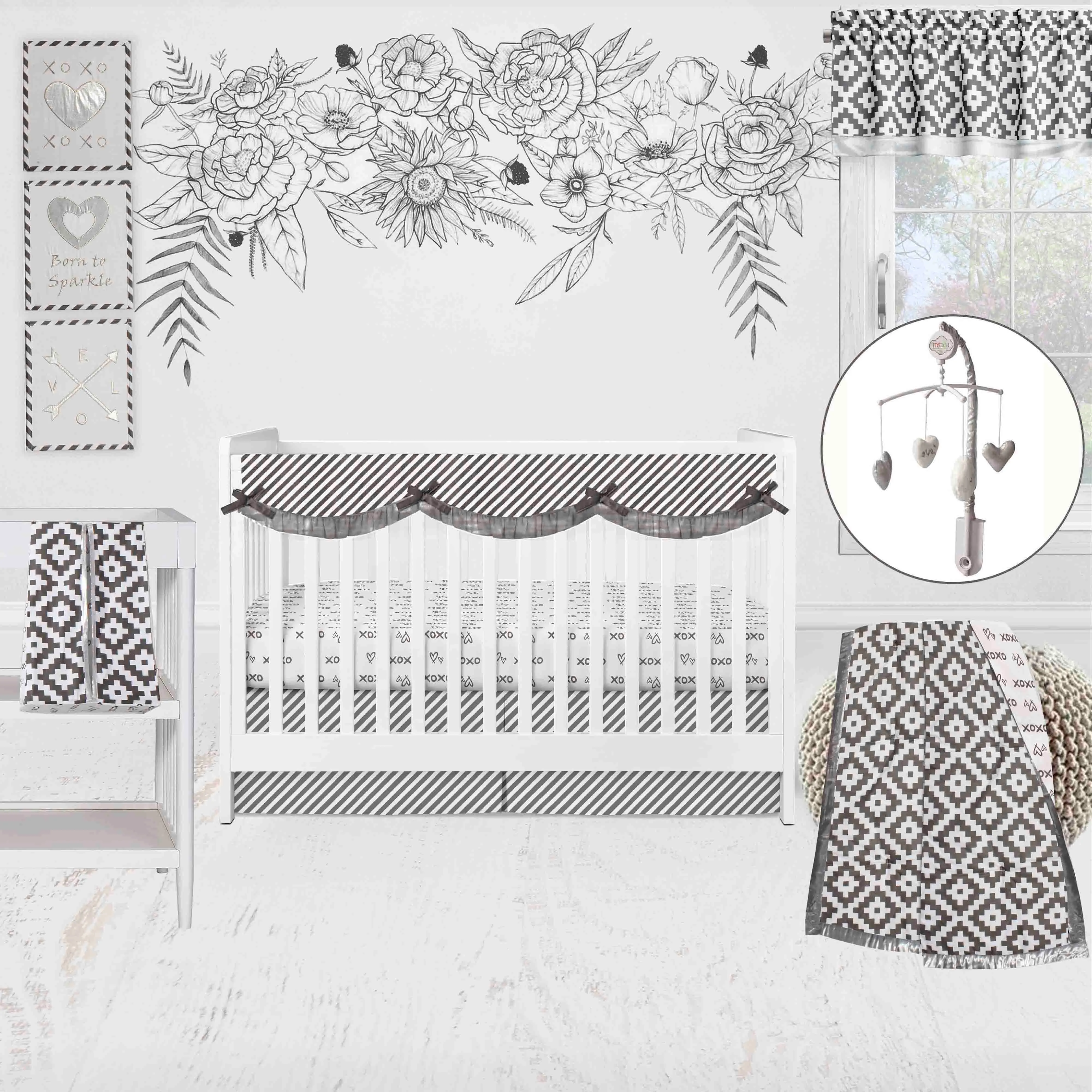 Bacati - Love Aztec 10-Piece Crib Bedding Set with Crib Rail Guard - Grey/Silver Unisex