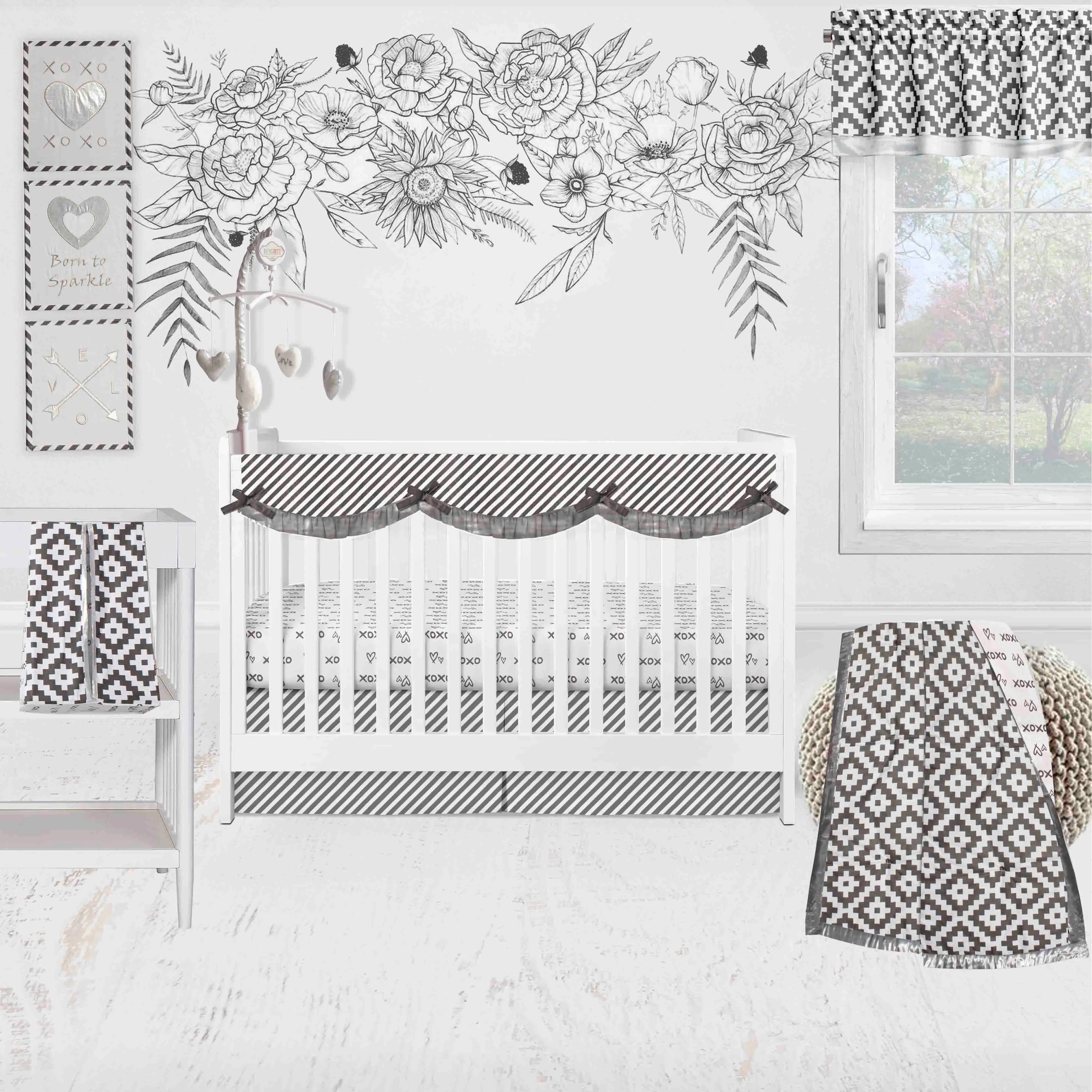 Bacati - Love Aztec 10-Piece Crib Bedding Set with Crib Rail Guard - Grey/Silver Unisex
