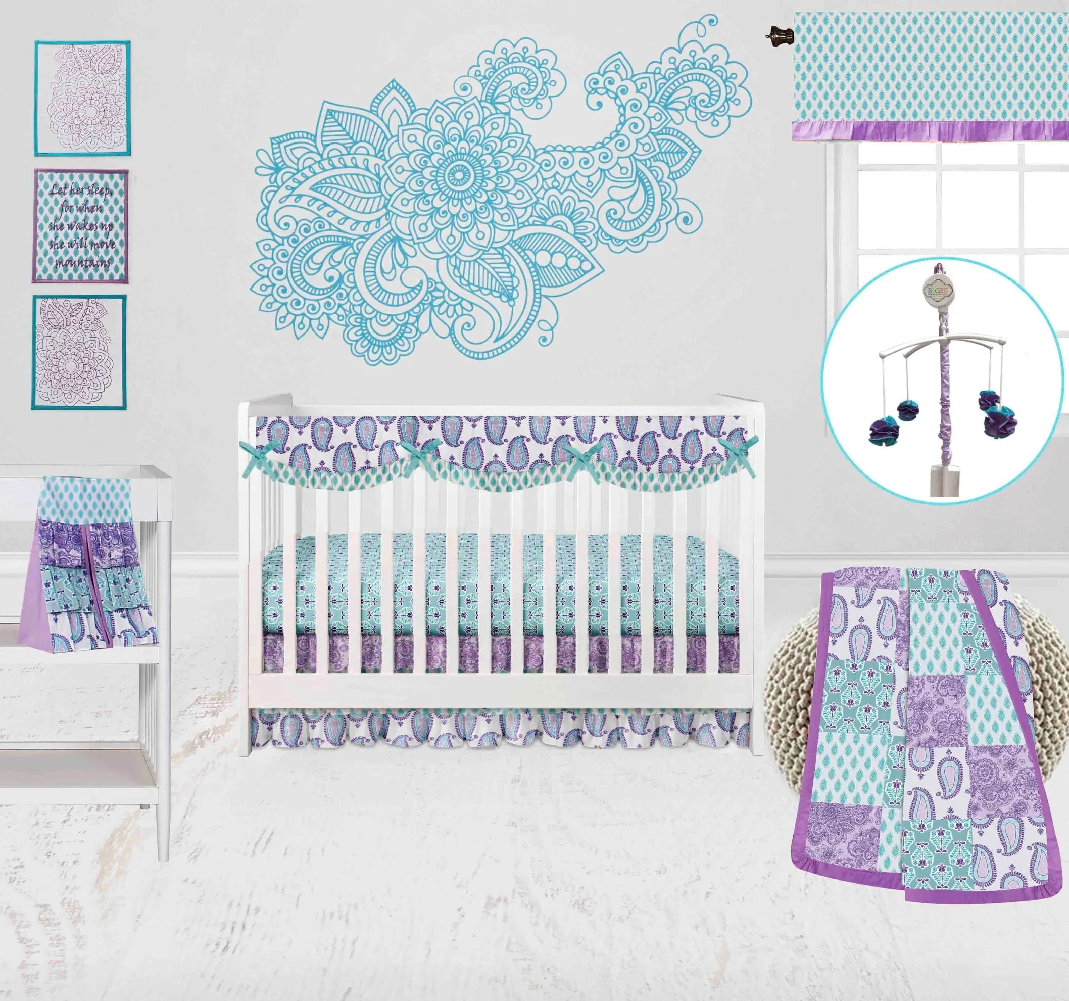 Bacati - Paisley Isabella 10-Piece Crib Bedding Set with Crib Rail Guard - Lilac/Purple/Aqua Girls
