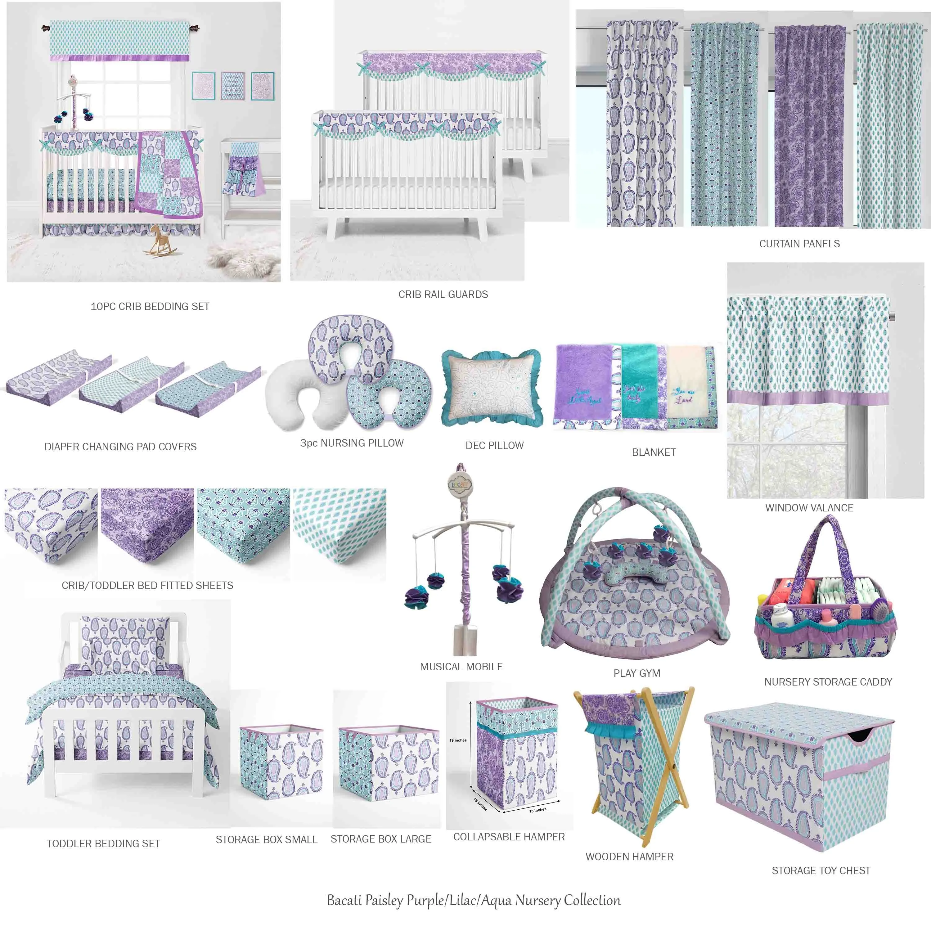 Bacati - Paisley Isabella 10-Piece Crib Bedding Set with Crib Rail Guard - Lilac/Purple/Aqua Girls