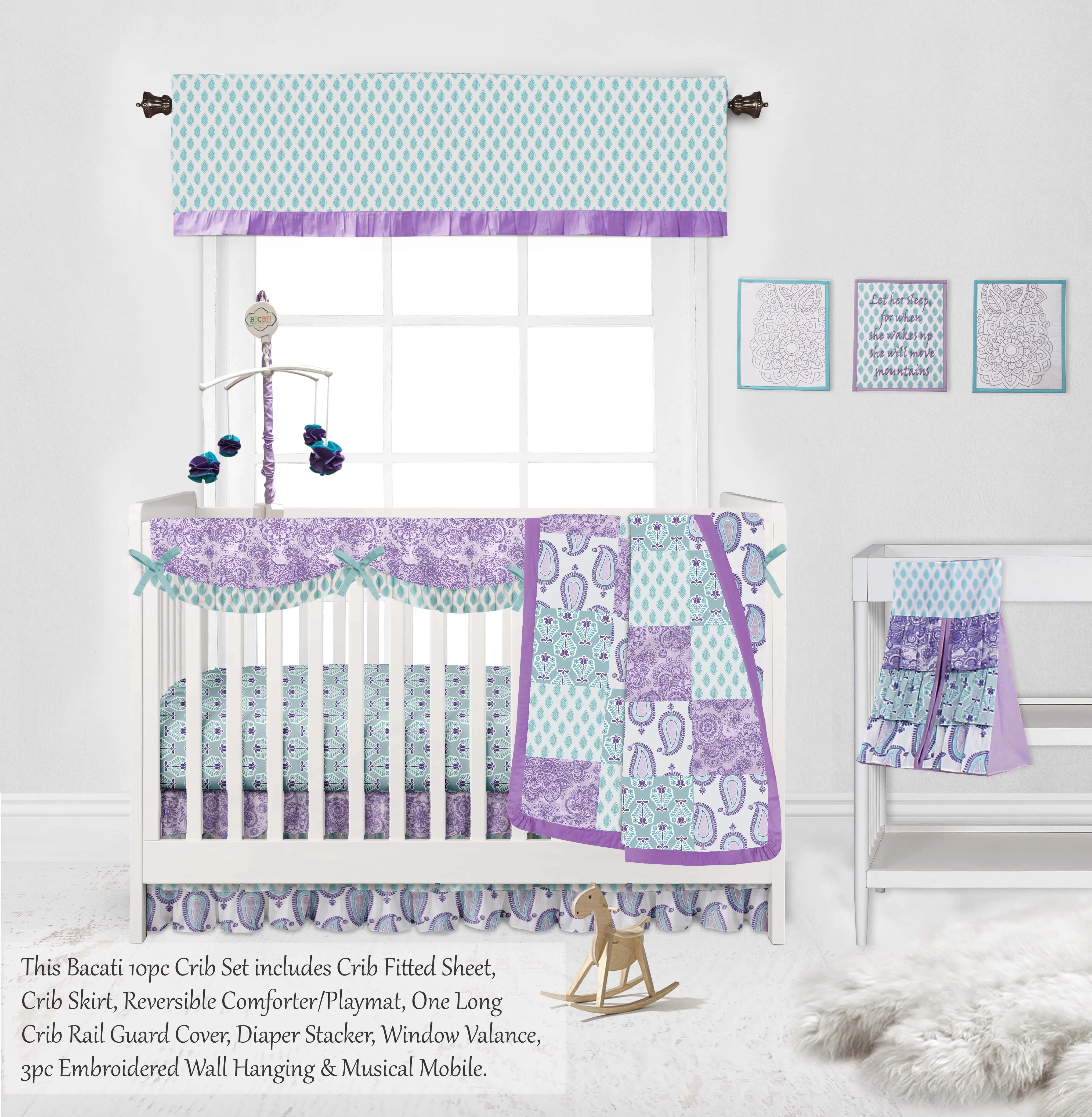 Bacati - Paisley Isabella 10-Piece Crib Bedding Set with Crib Rail Guard - Lilac/Purple/Aqua Girls