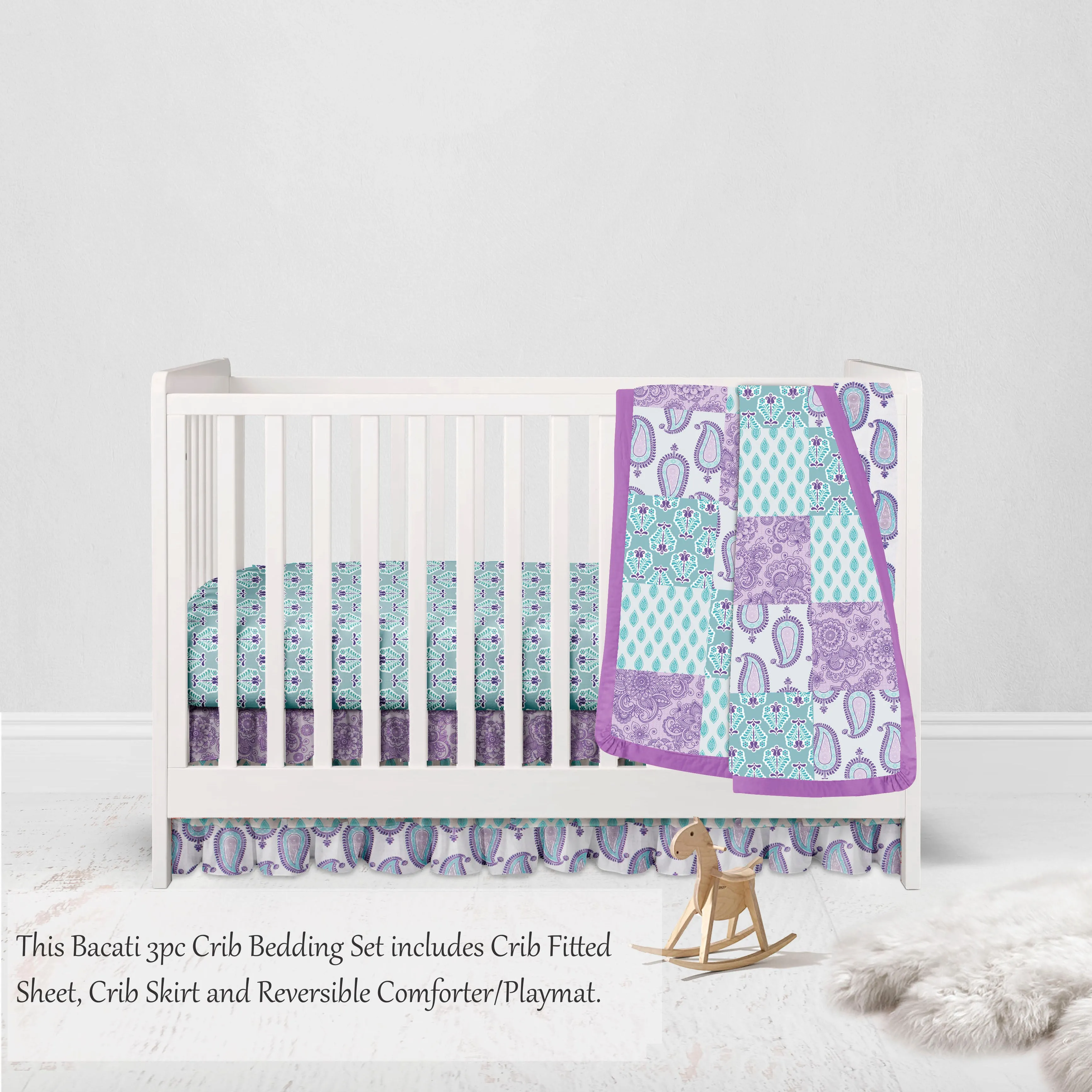 Bacati - Paisley Isabella 3-Piece Crib Bedding Set - Lilac/Purple/Aqua Girls
