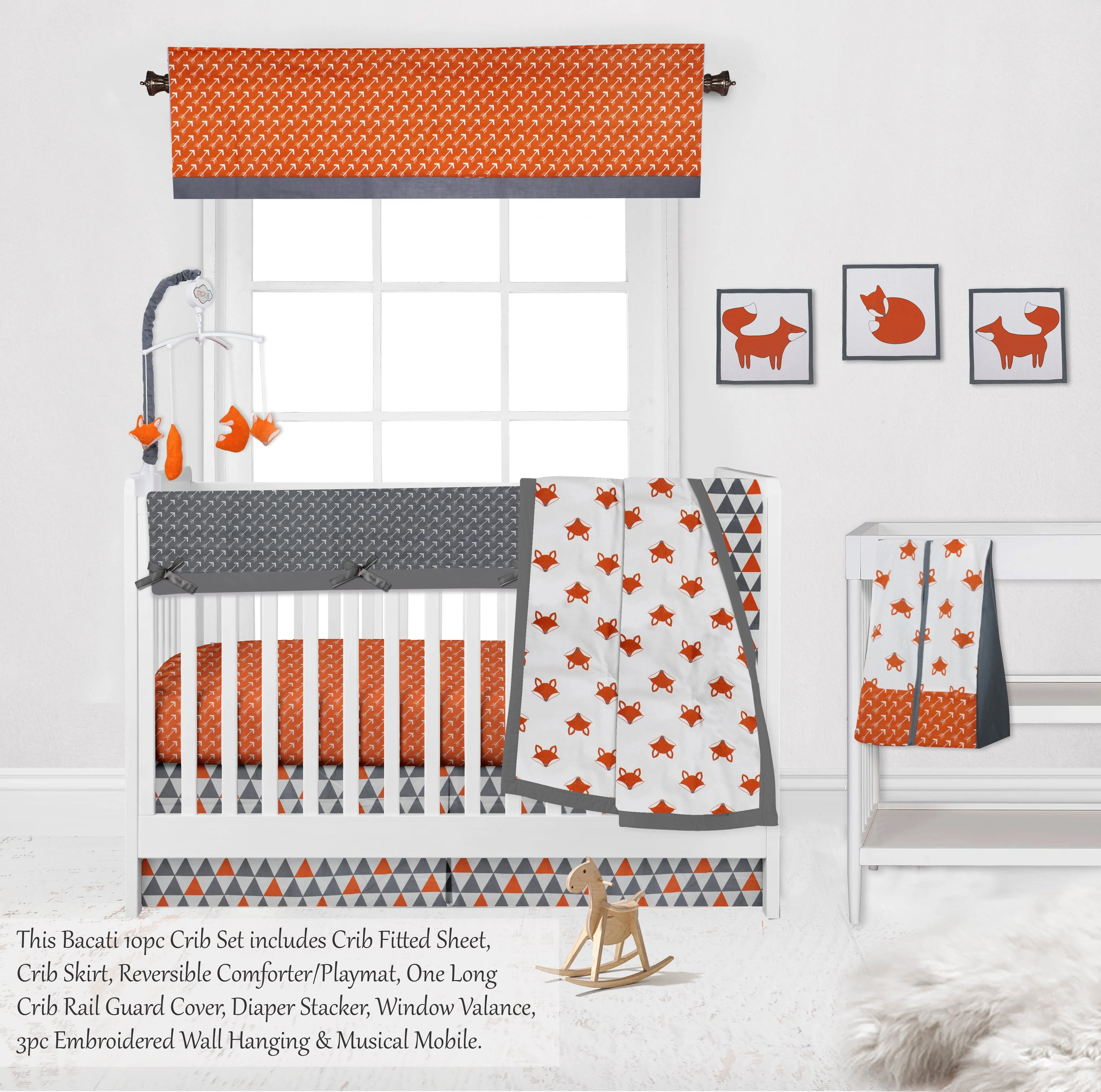 Bacati - Playful Fox 10-Piece Crib Bedding Set with Crib Rail Guard - Orange/Grey Unisex