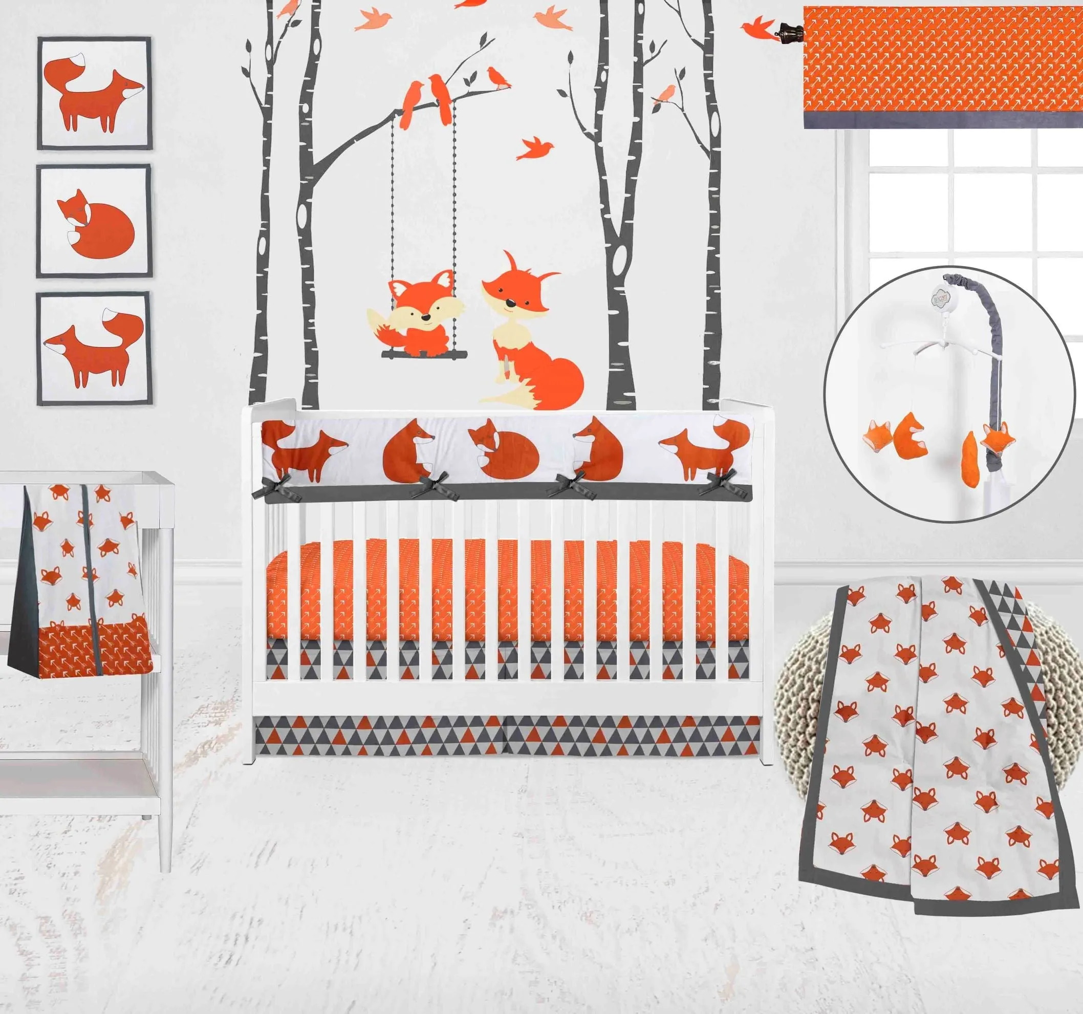 Bacati - Playful Fox 10-Piece Crib Bedding Set with Crib Rail Guard - Orange/Grey Unisex