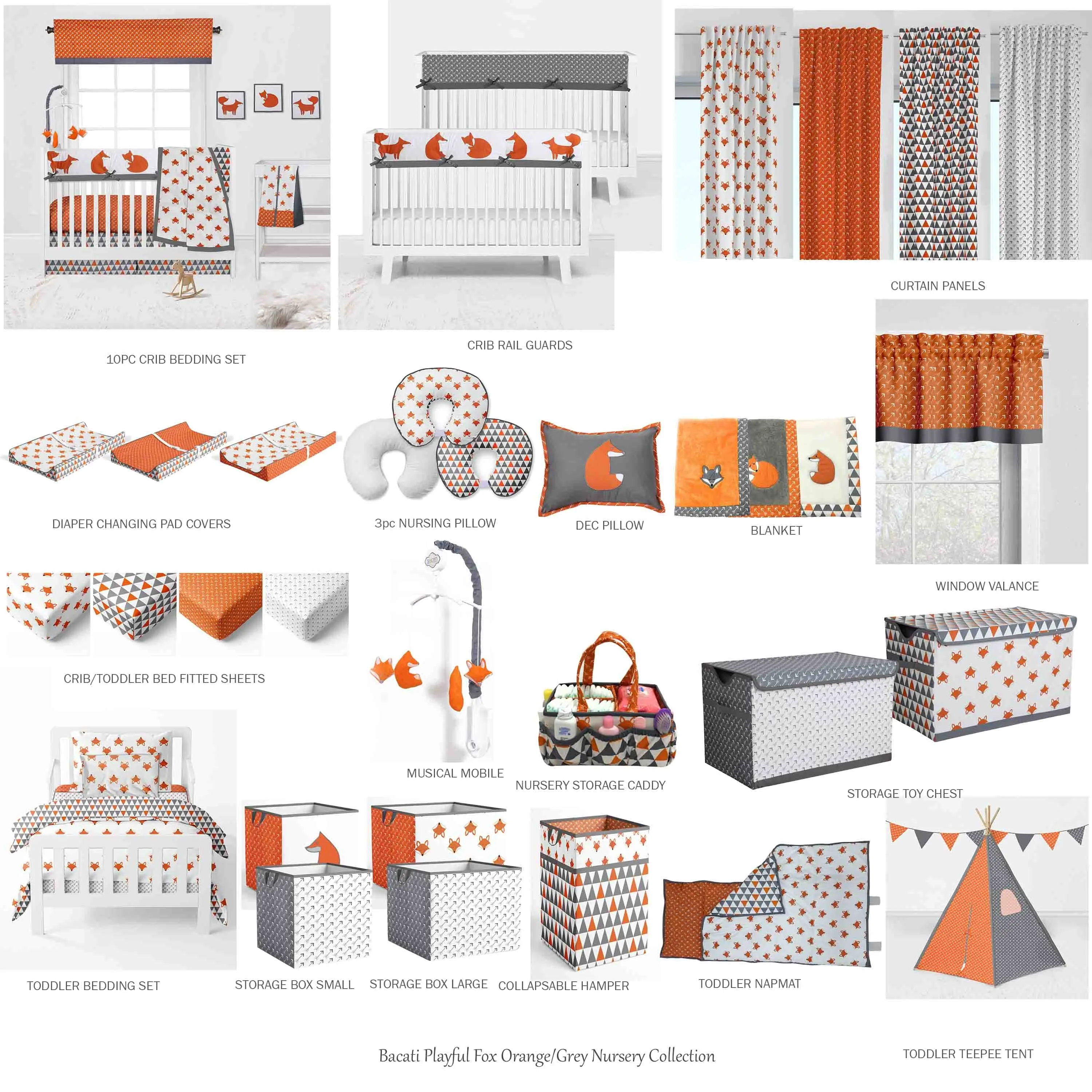 Bacati - Playful Fox 10-Piece Crib Bedding Set with Crib Rail Guard - Orange/Grey Unisex