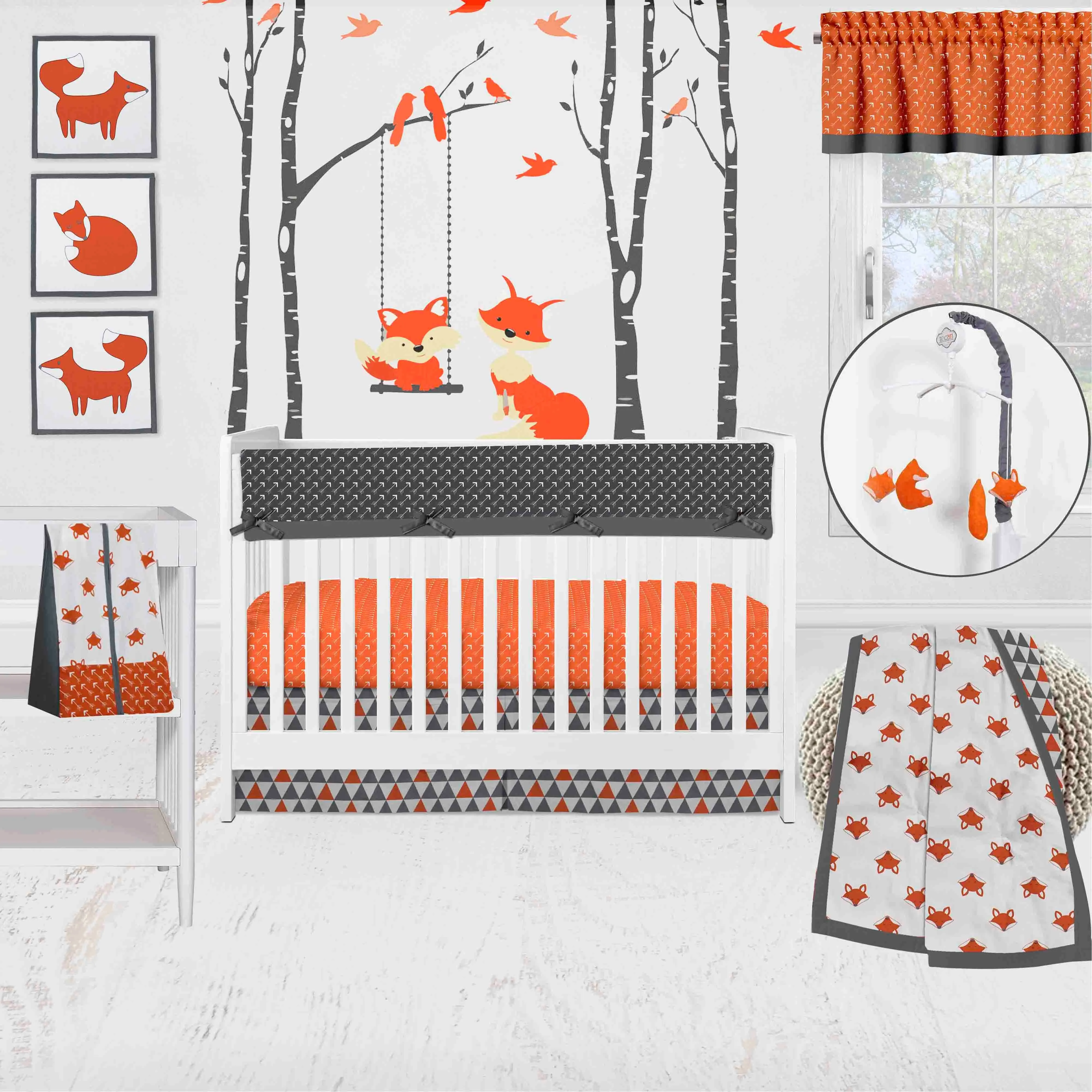 Bacati - Playful Fox 10-Piece Crib Bedding Set with Crib Rail Guard - Orange/Grey Unisex