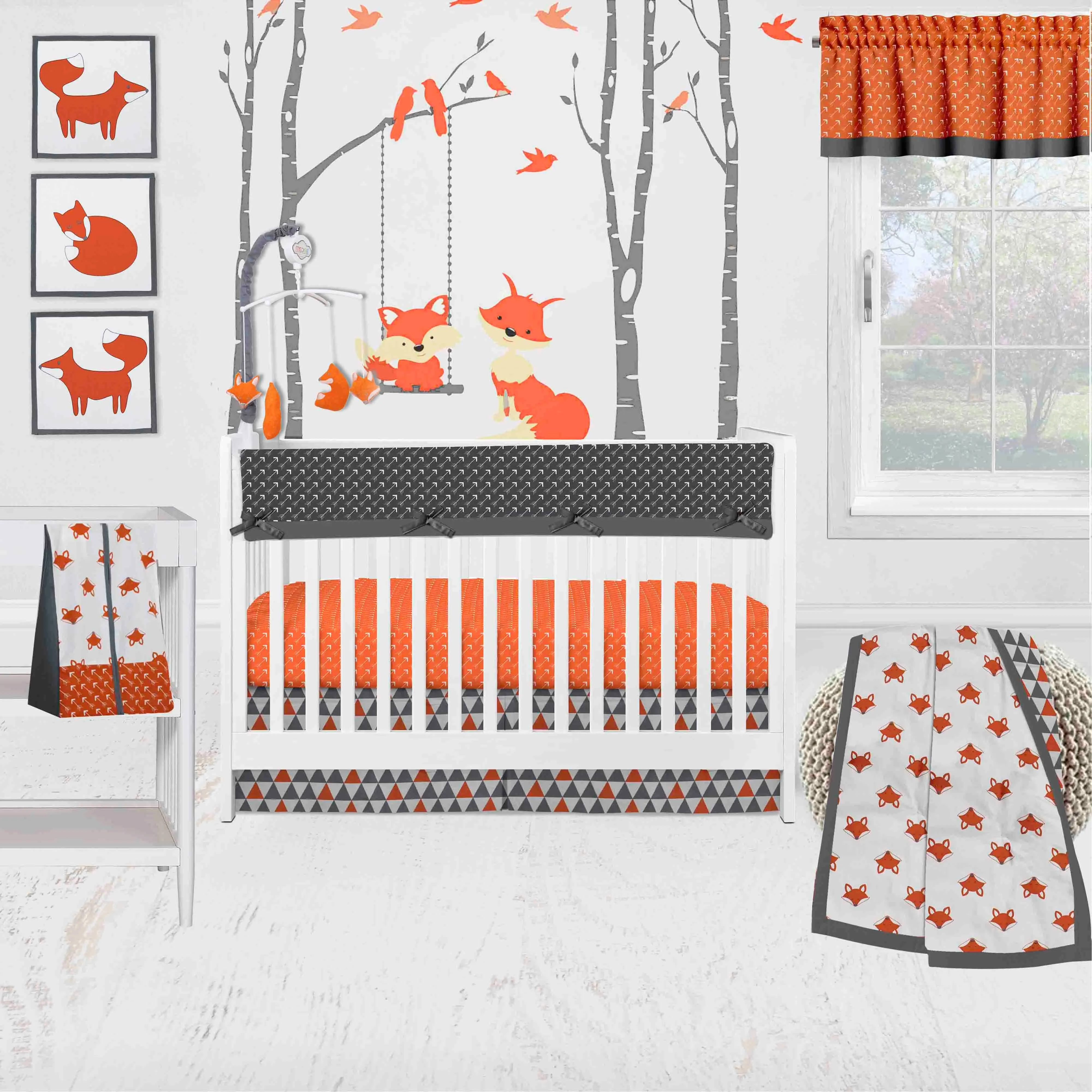Bacati - Playful Fox 10-Piece Crib Bedding Set with Crib Rail Guard - Orange/Grey Unisex