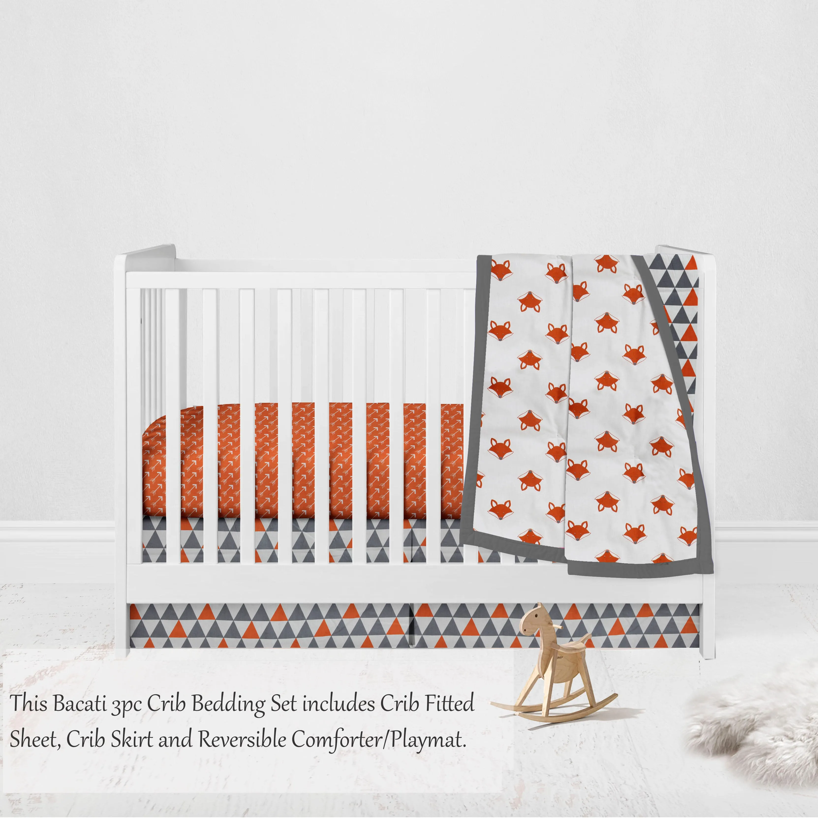 Bacati - Playful Fox 3-Piece Crib Bedding Set - Orange/Grey Unisex