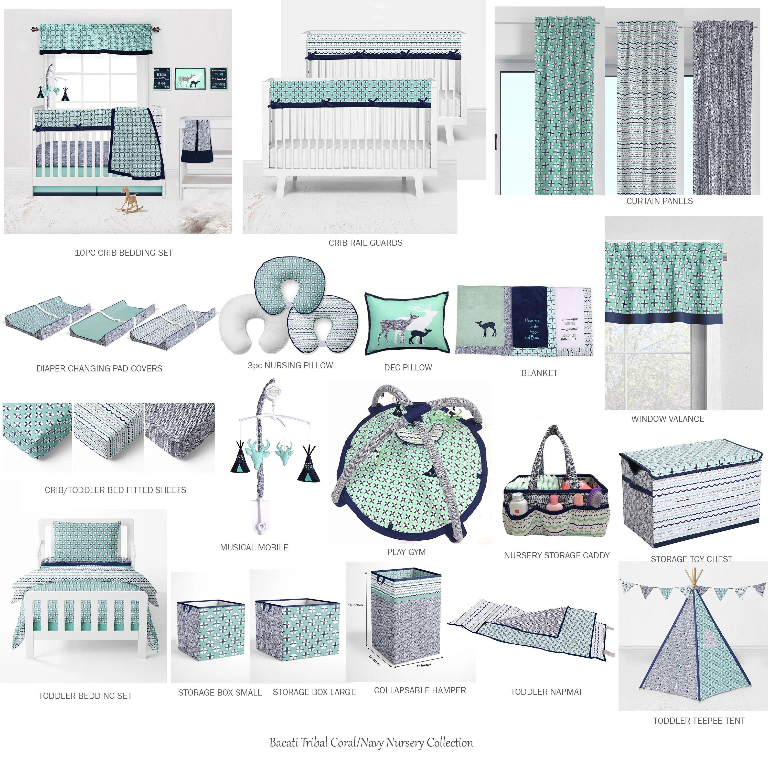 Bacati - Tribal Noah 10-Piece Crib Bedding Set with Two Crib Sheets - Mint/Navy Boys