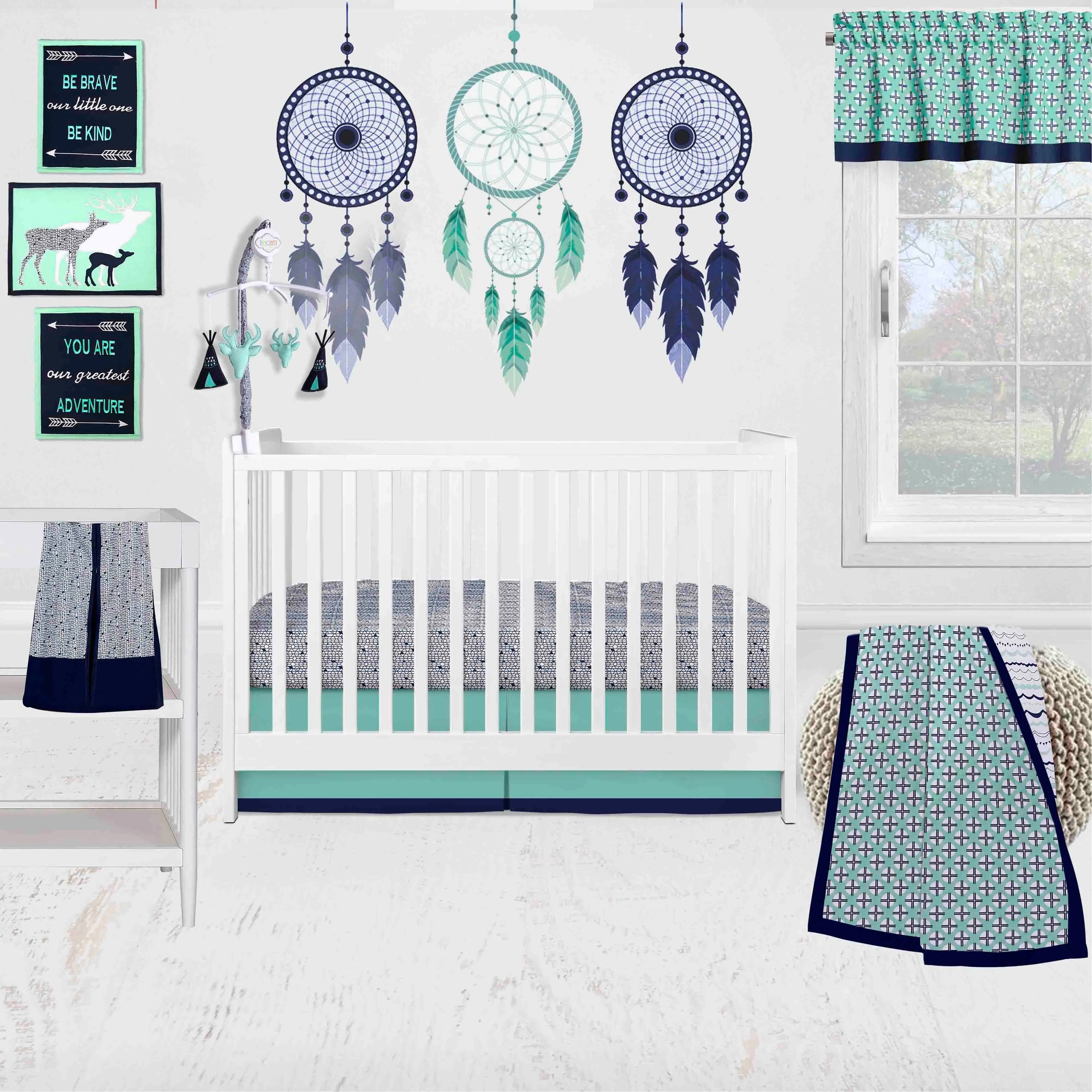 Bacati - Tribal Noah 10-Piece Crib Bedding Set with Two Crib Sheets - Mint/Navy Boys