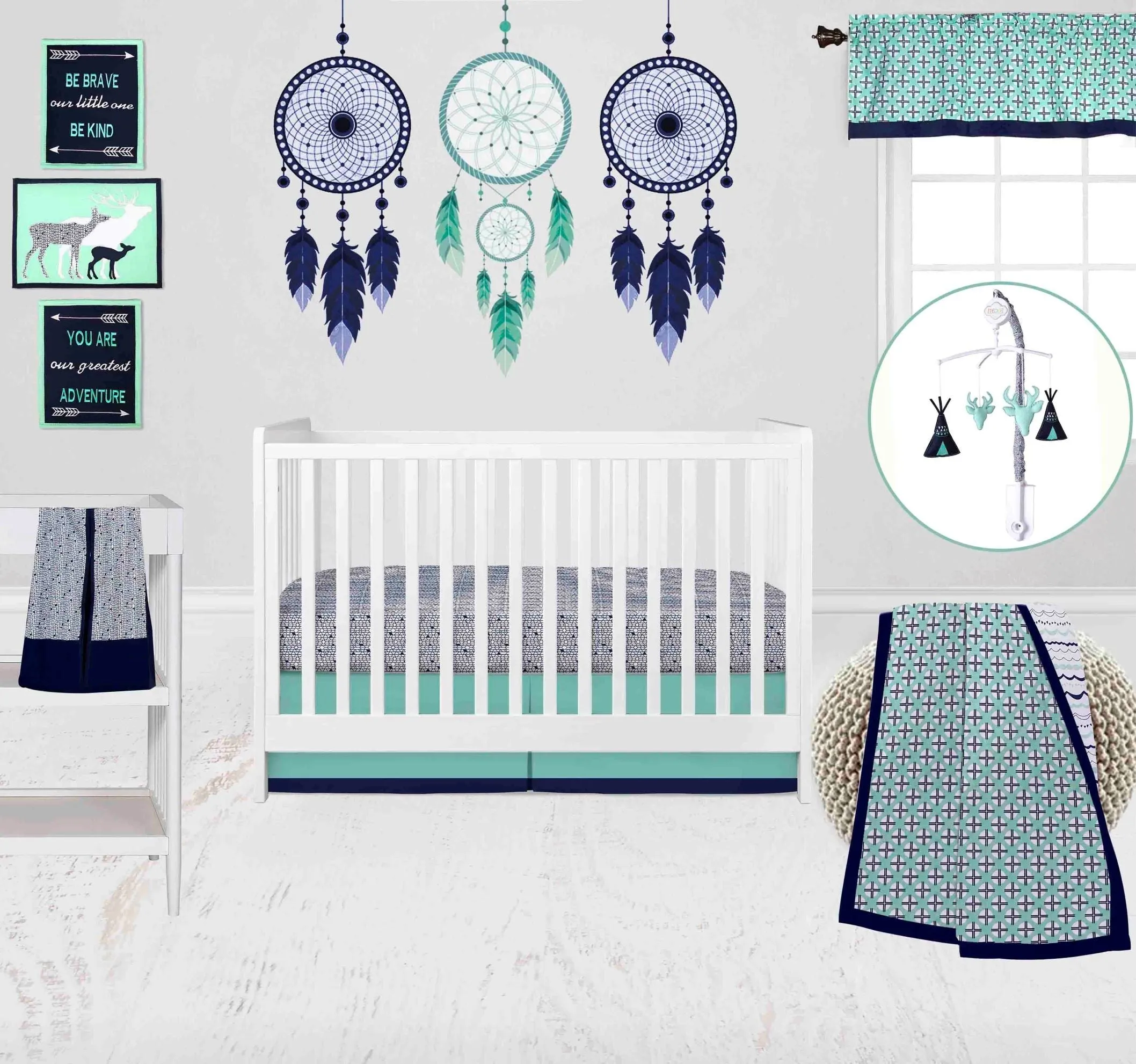 Bacati - Tribal Noah 10-Piece Crib Bedding Set with Two Crib Sheets - Mint/Navy Boys