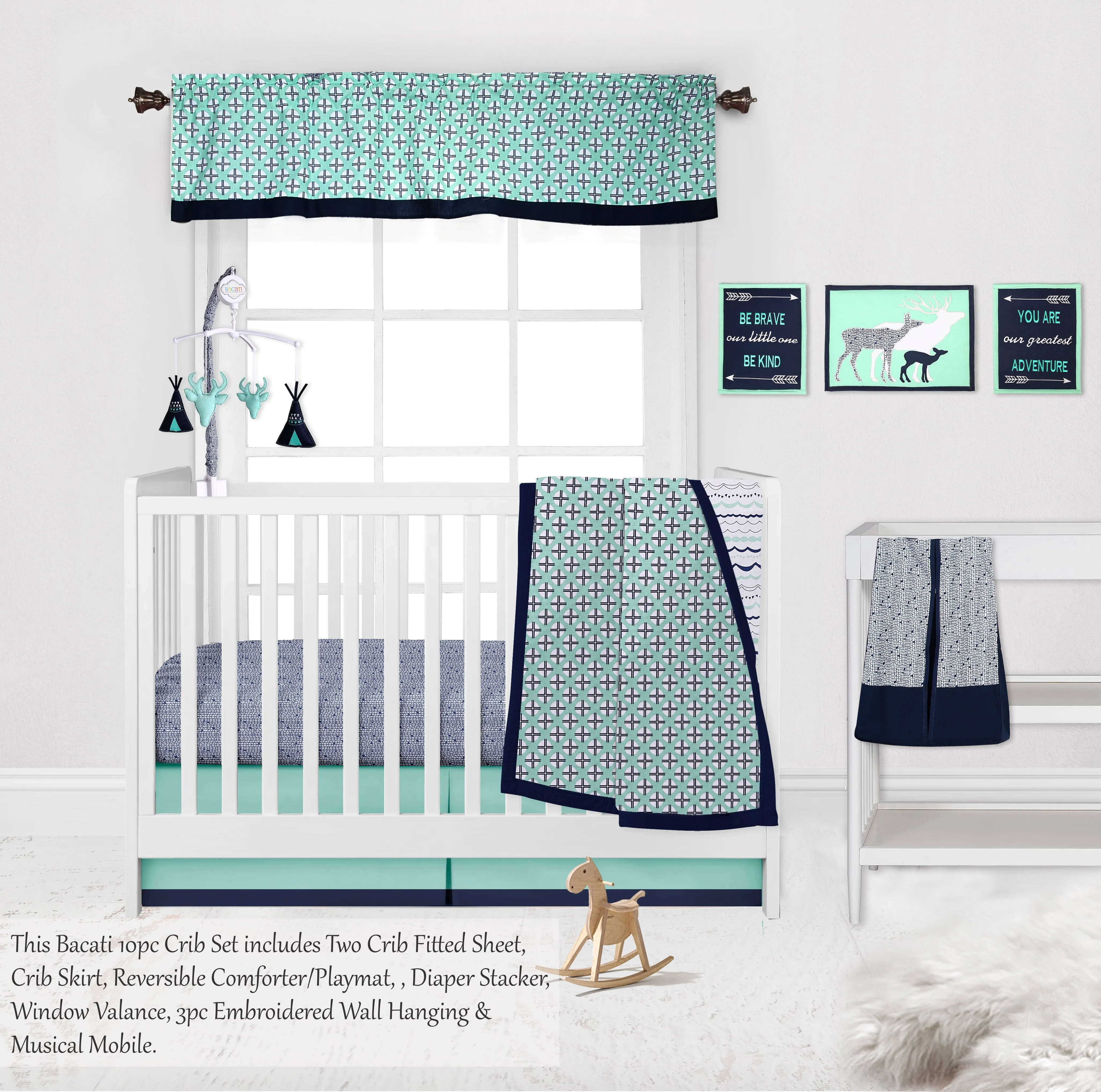Bacati - Tribal Noah 10-Piece Crib Bedding Set with Two Crib Sheets - Mint/Navy Boys