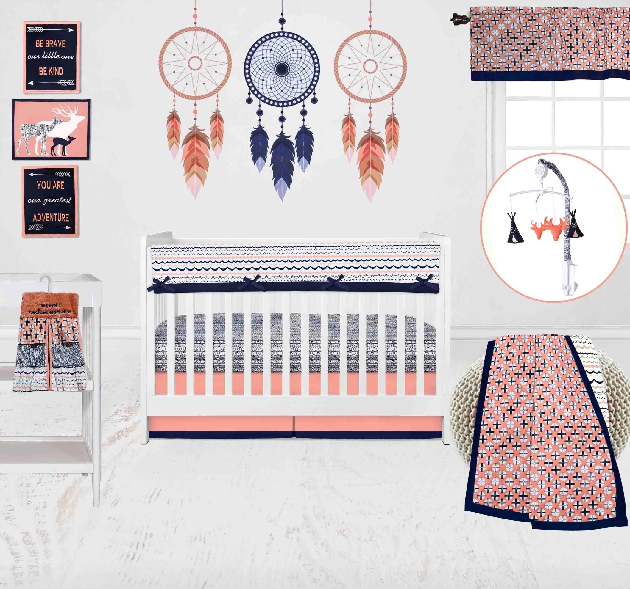 Bacati - Tribal Olivia 10-Piece Crib Bedding Set with Crib Rail Guard - Coral/Navy Girls