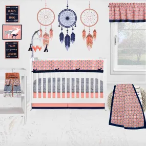 Bacati - Tribal Olivia 10-Piece Crib Bedding Set with Crib Rail Guard - Coral/Navy Girls